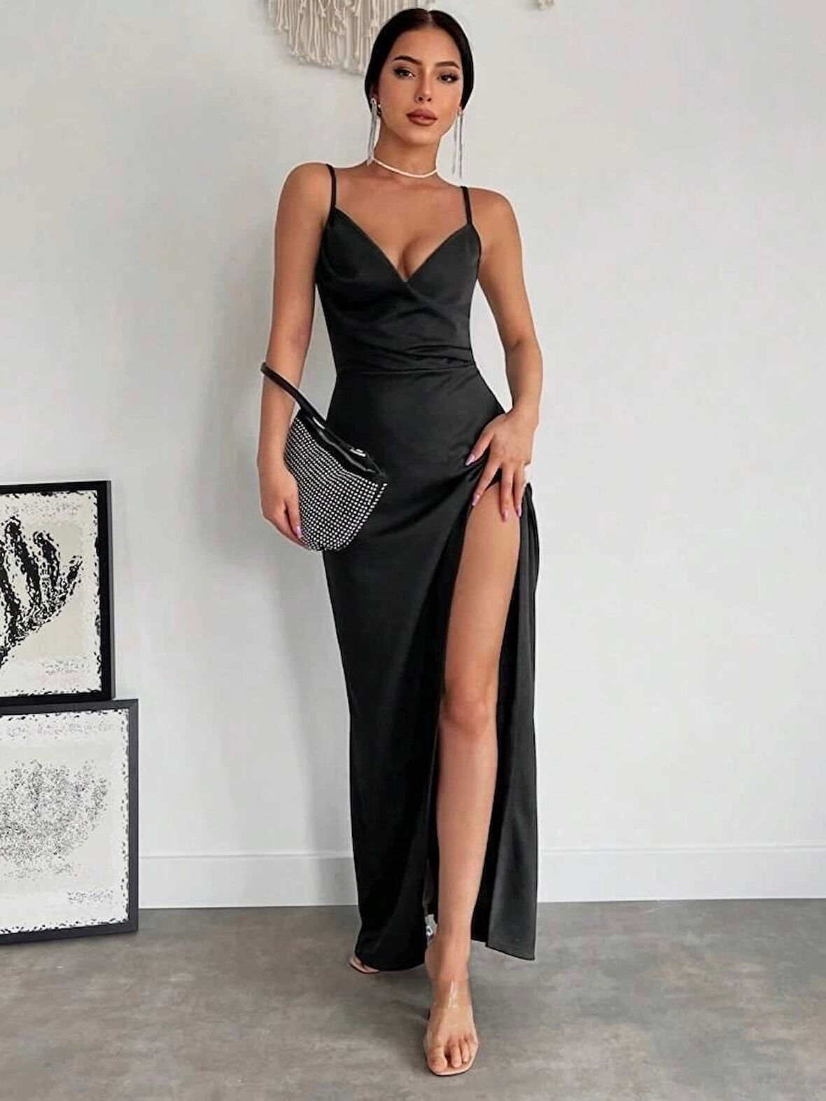 Kadın Askılı Kruvaze Yakalı Yırtmaçlı Krep Elbise