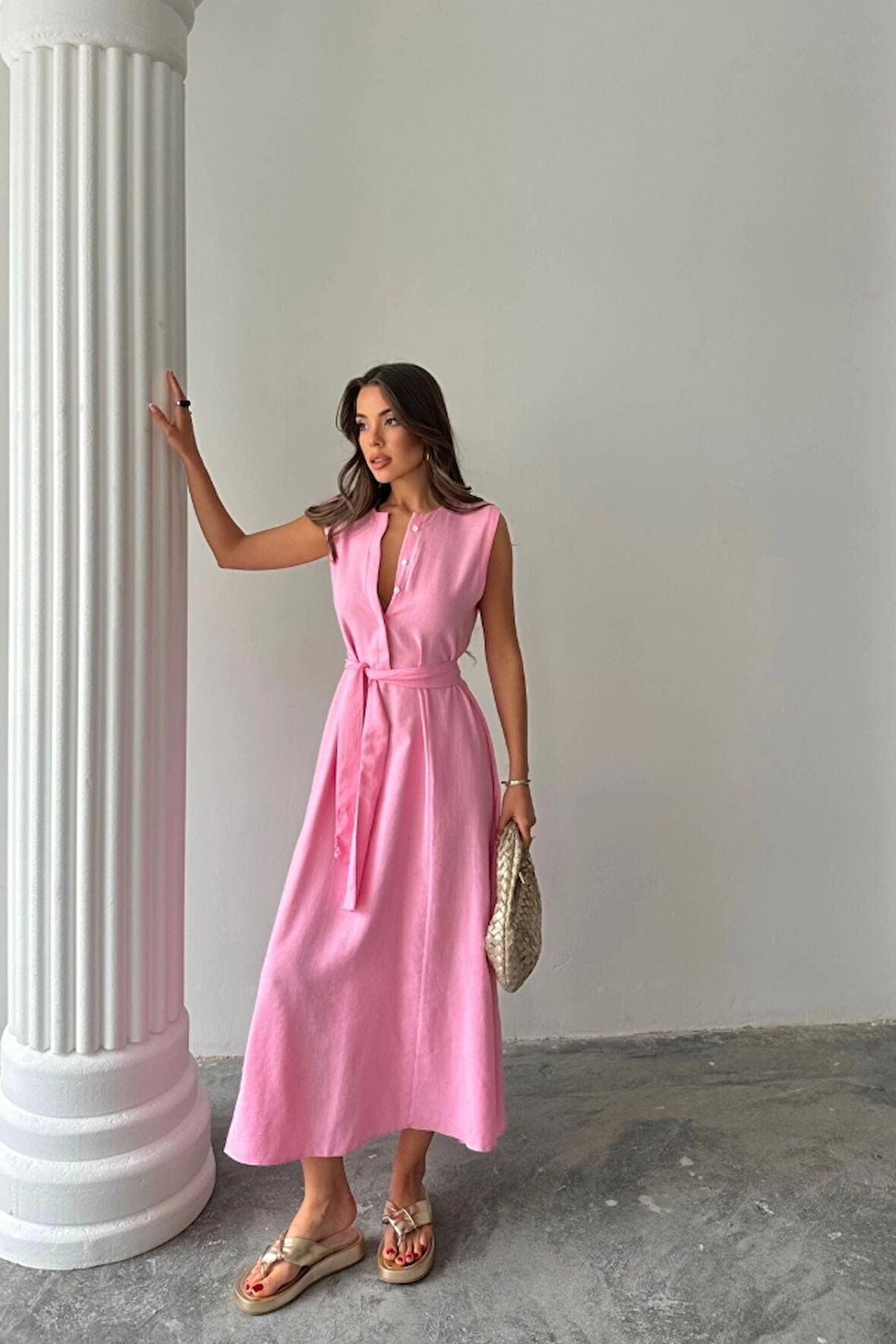 KETEN ELBİSE KOLSUZ BEL BAĞLAMALI MAXİ ELBİSE - Pembe