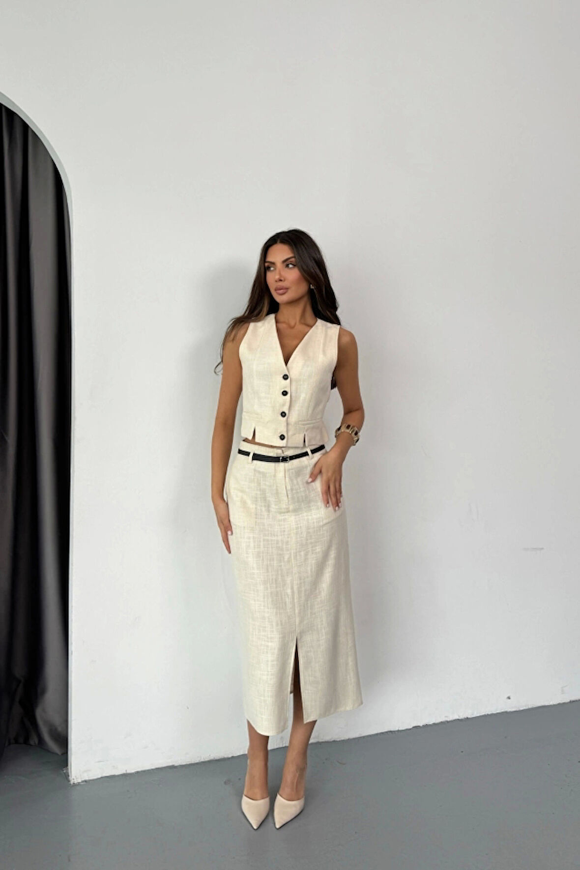 YELEK-ÖNDEN YIRTMAÇLI ETEK TK ŞANTUK KETEN - Ham