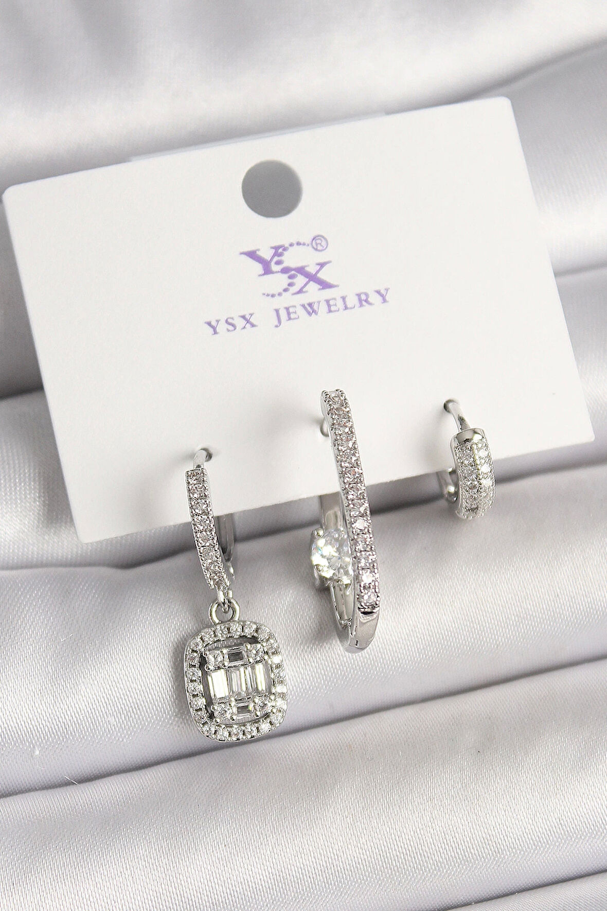 Pirinç Gümüş Renk Zirkon Taşlı Baget Halka Model 3'Lü Kadın Kombin Küpe