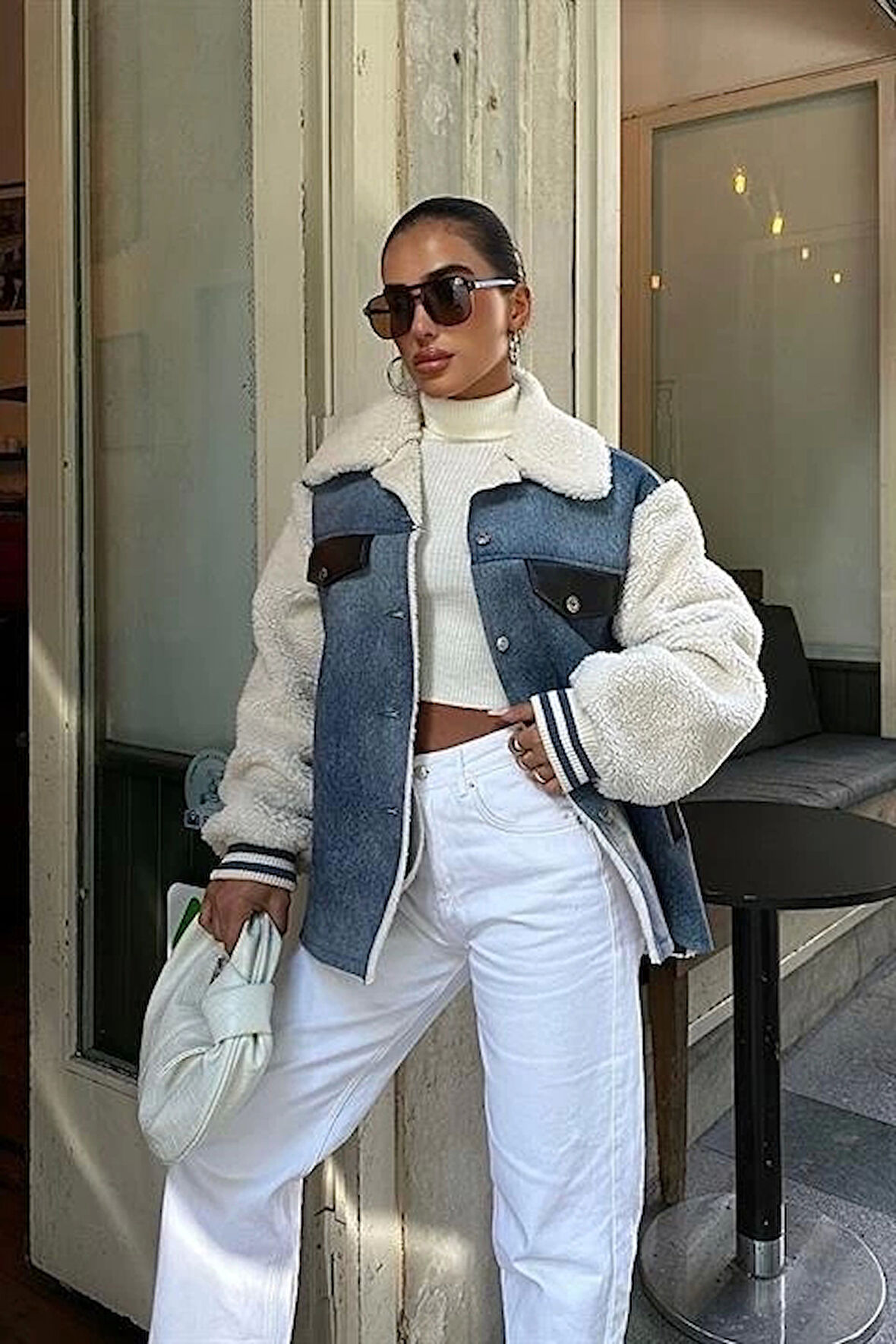 İçi Kürklü Deri Garnili Denim Görünümlü Ceket 6116