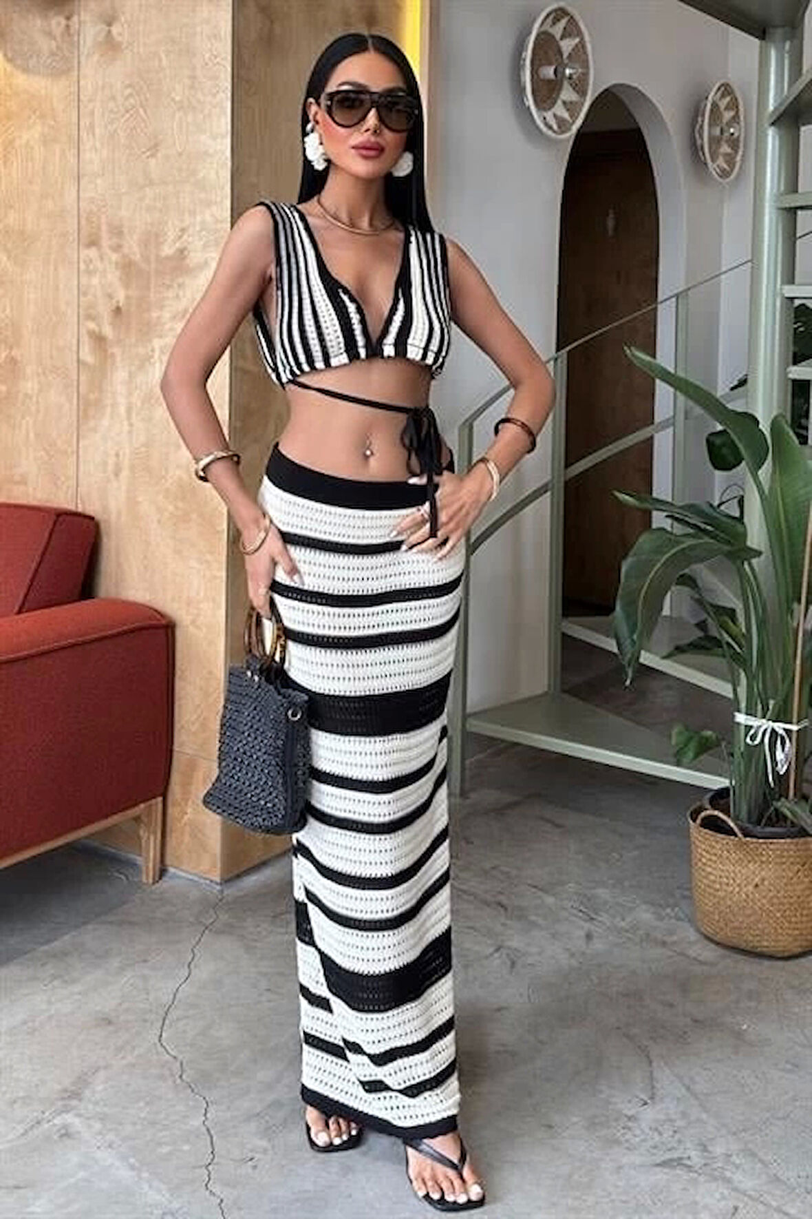 Çizgili Bikini Üst Ve Etek Triko Takım 10110