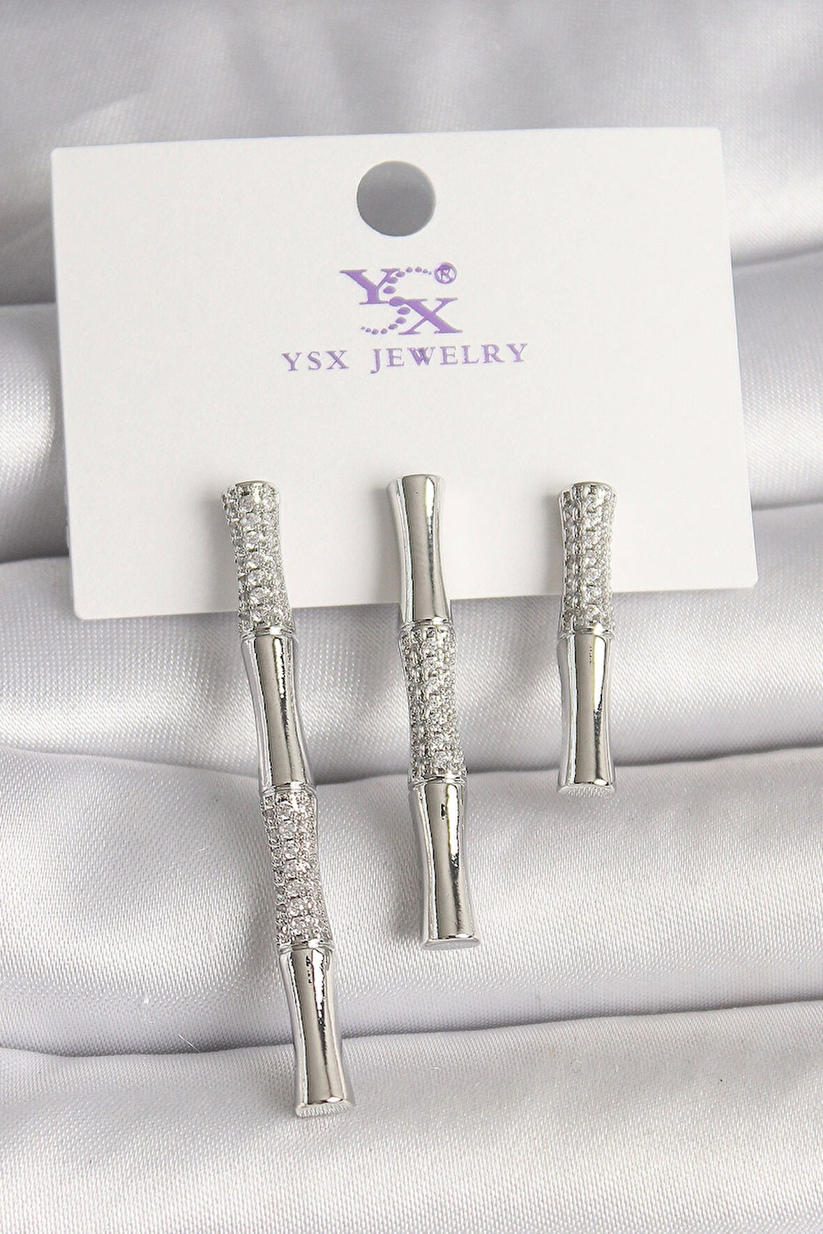 Pirinç Gümüş Renk Zirkon Taşlı Bambu Model 3'Lü Kadın Kombin Küpe