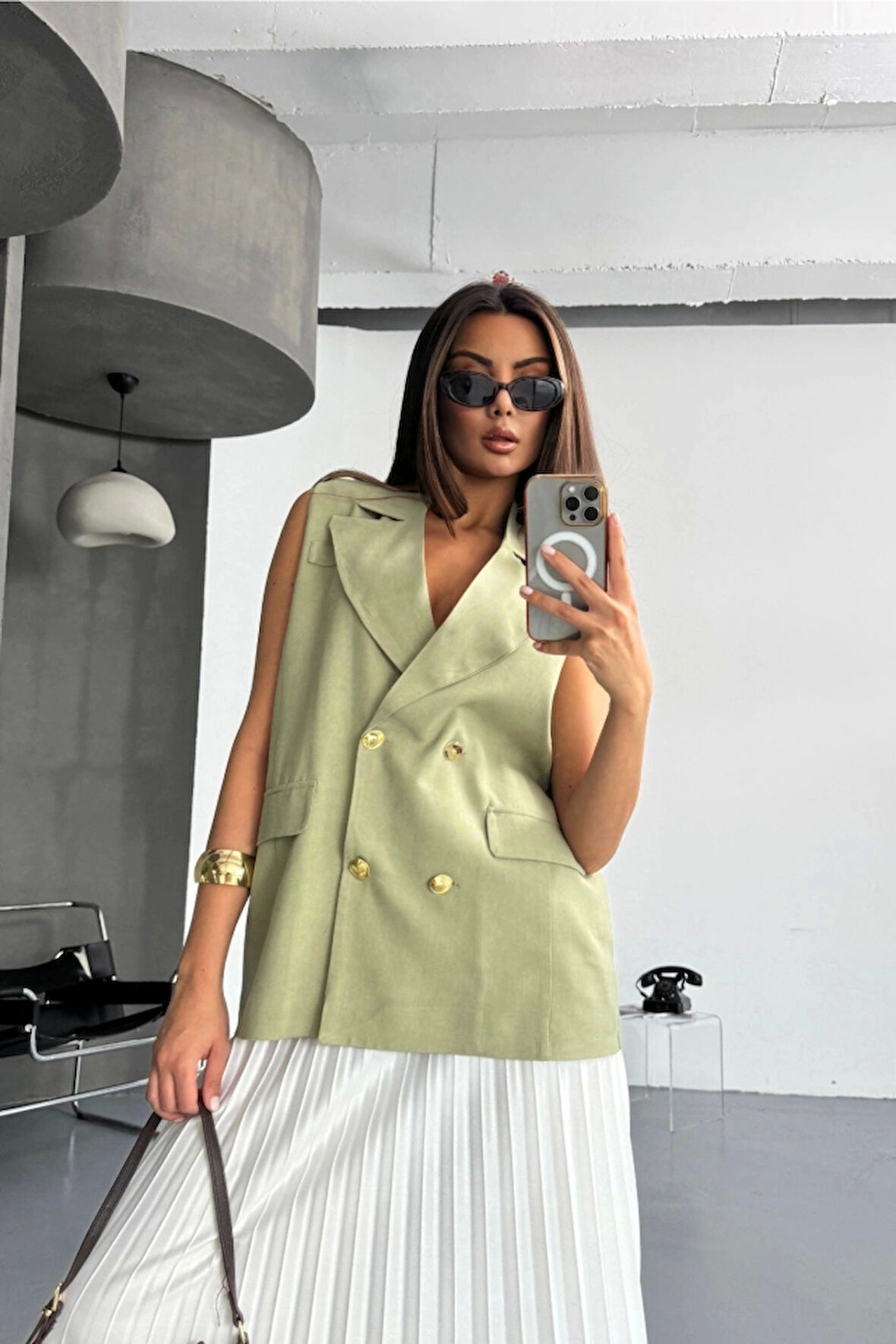 GOLD DÜĞMELİ KETEN YELEK - Yeşil