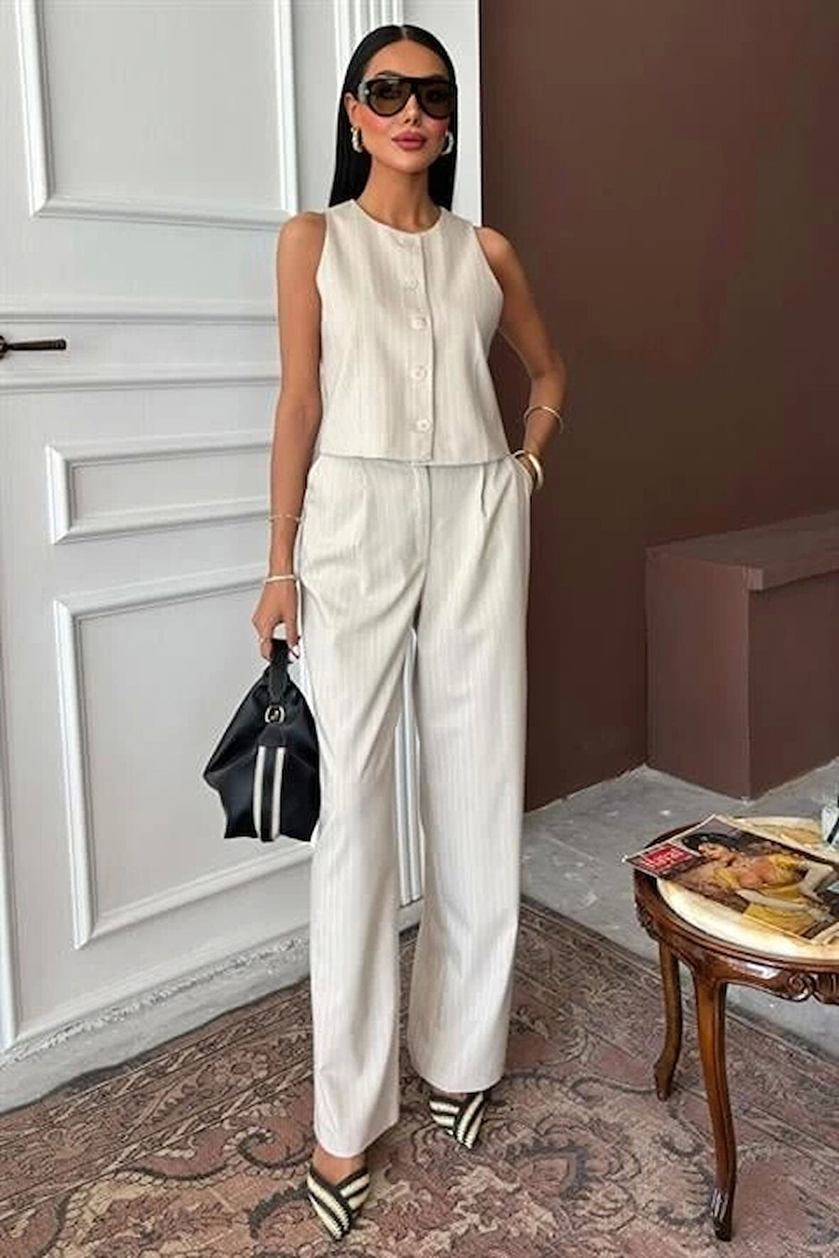 Yelek Plazzo Pantolon Çizgili Flamlı Poliviscon Takım 10178