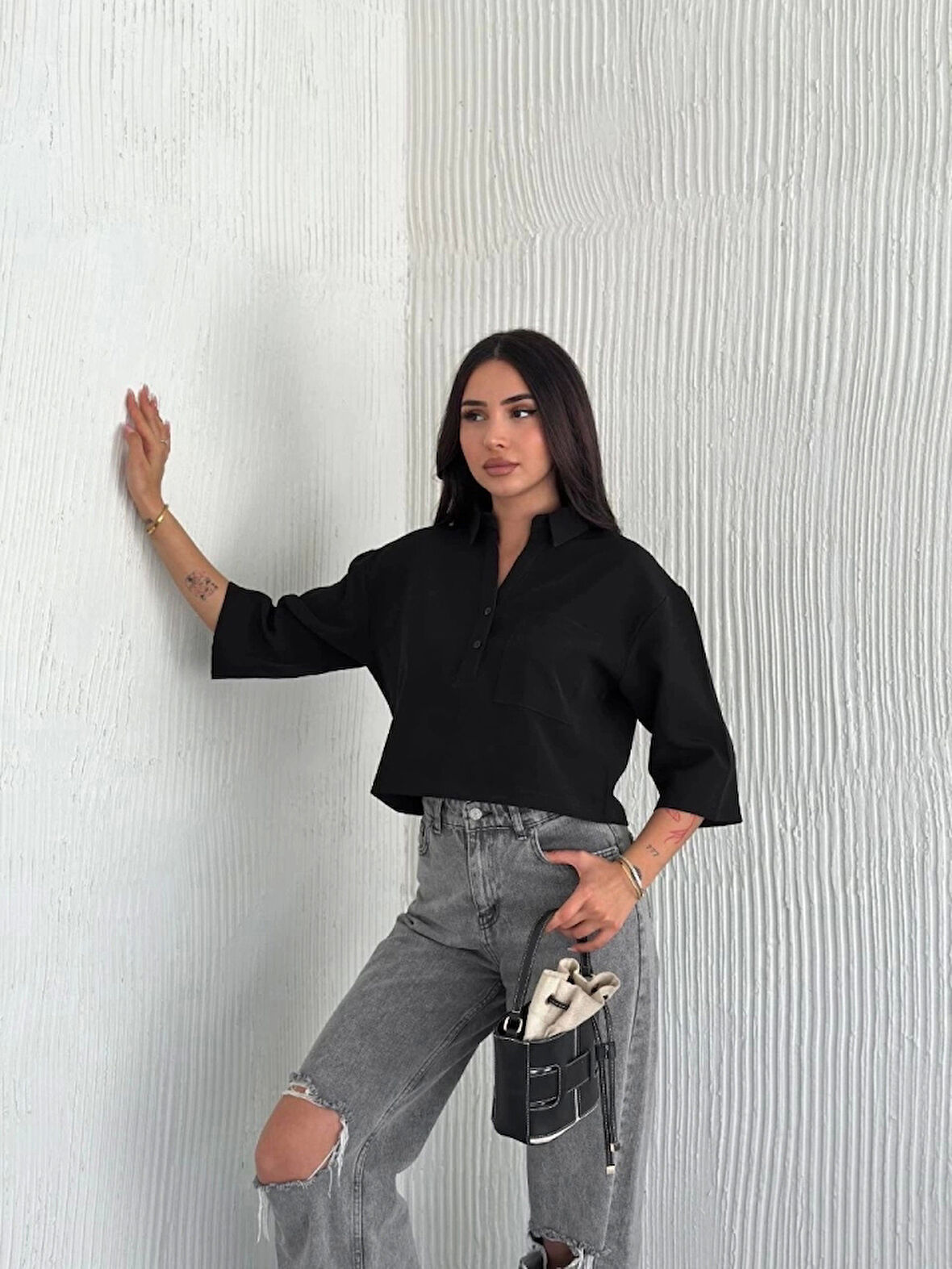 Crop Yakalı Gömlek Üç Çeyrek Sleeve Kol - Siyah