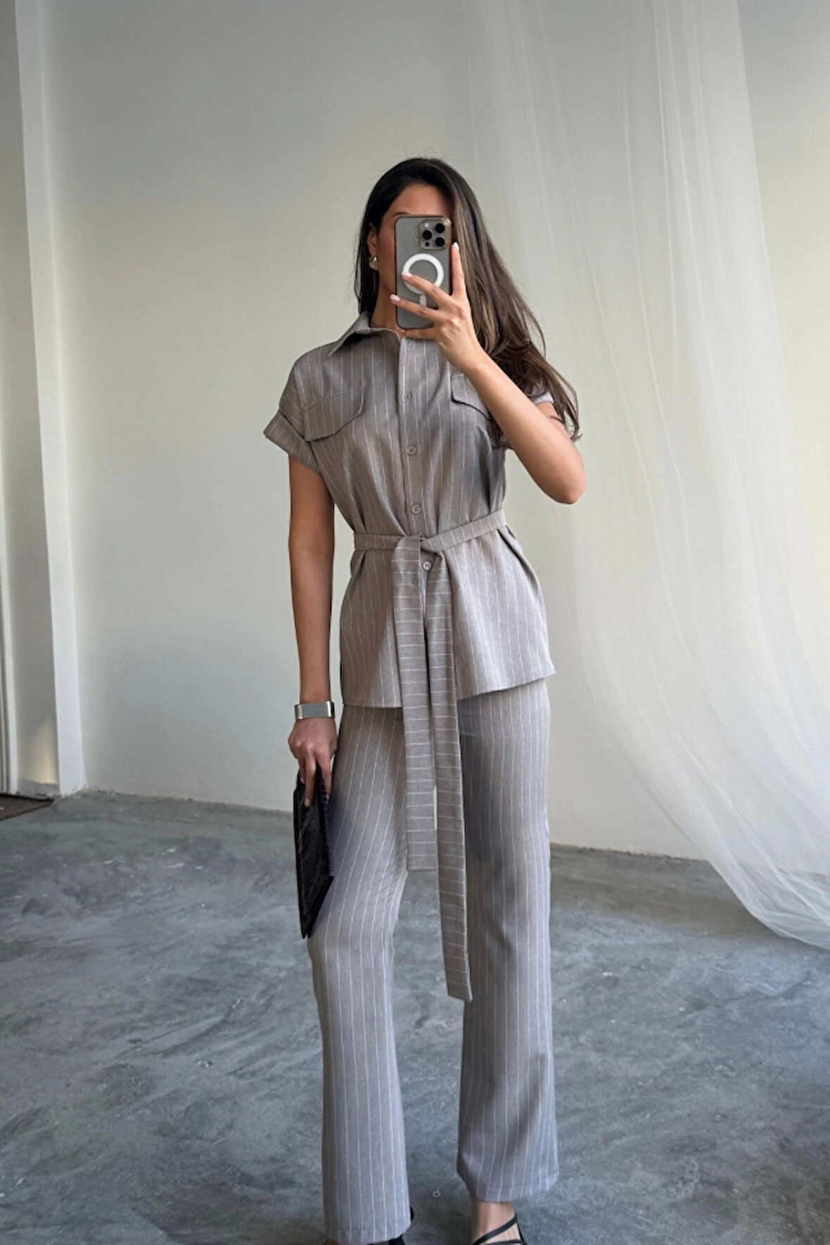 ÇİZGİLİ POLYVİSKON BLUZ - PANTOLON TAKIM - Gri