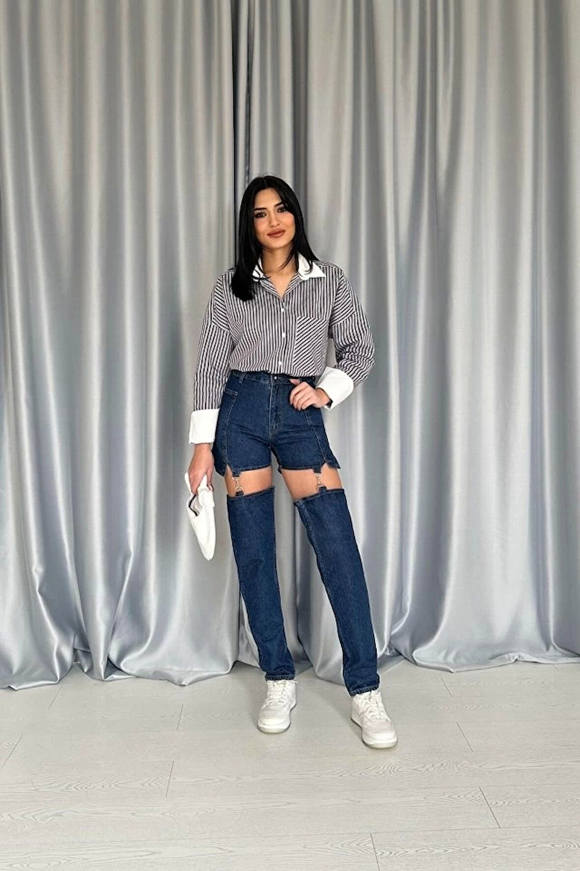 Mavi Askılı İki Parça Jeans Pantolon