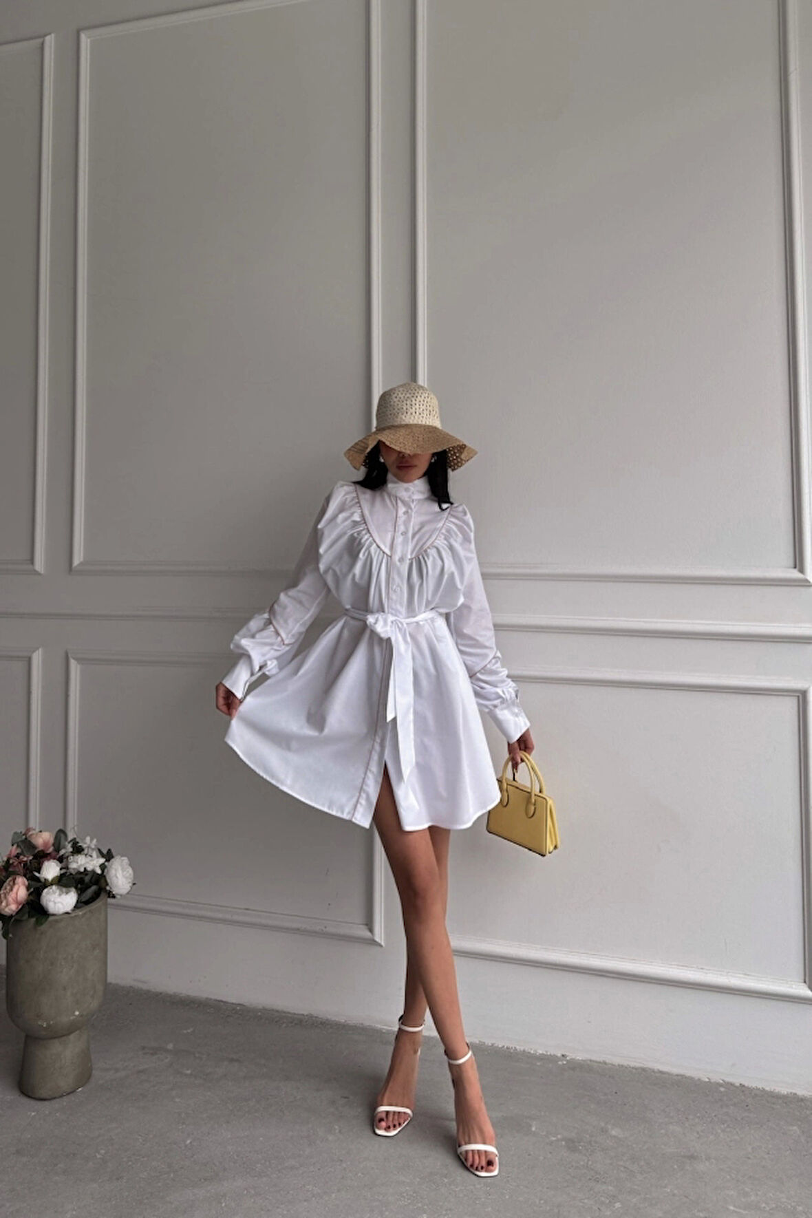 ÖNDEN DÜĞMELİ POPLİN KLOŞ ELBİSE BAĞLAMA KEMER DETAYLI - Beyaz