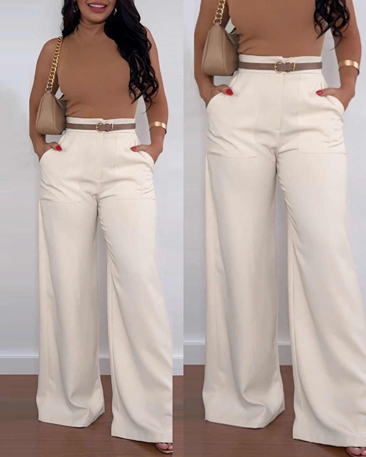 Kadın Yüksek Bel Geniş Paça Detaylı Cepli Ithal Krep Pantolon