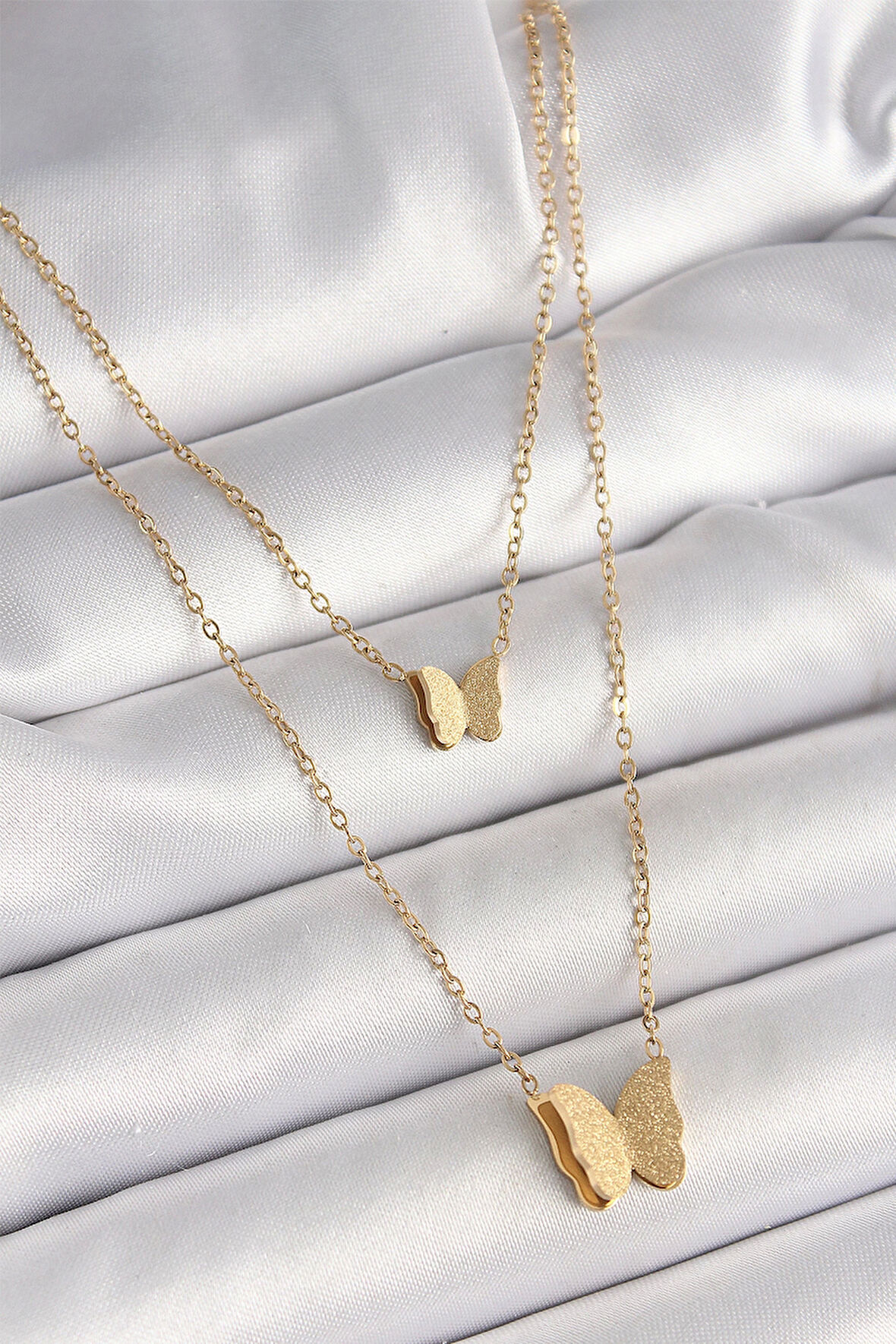 316L Çelik Gold Renk 2'Li Simli Kelebek Model Kadın Kolye