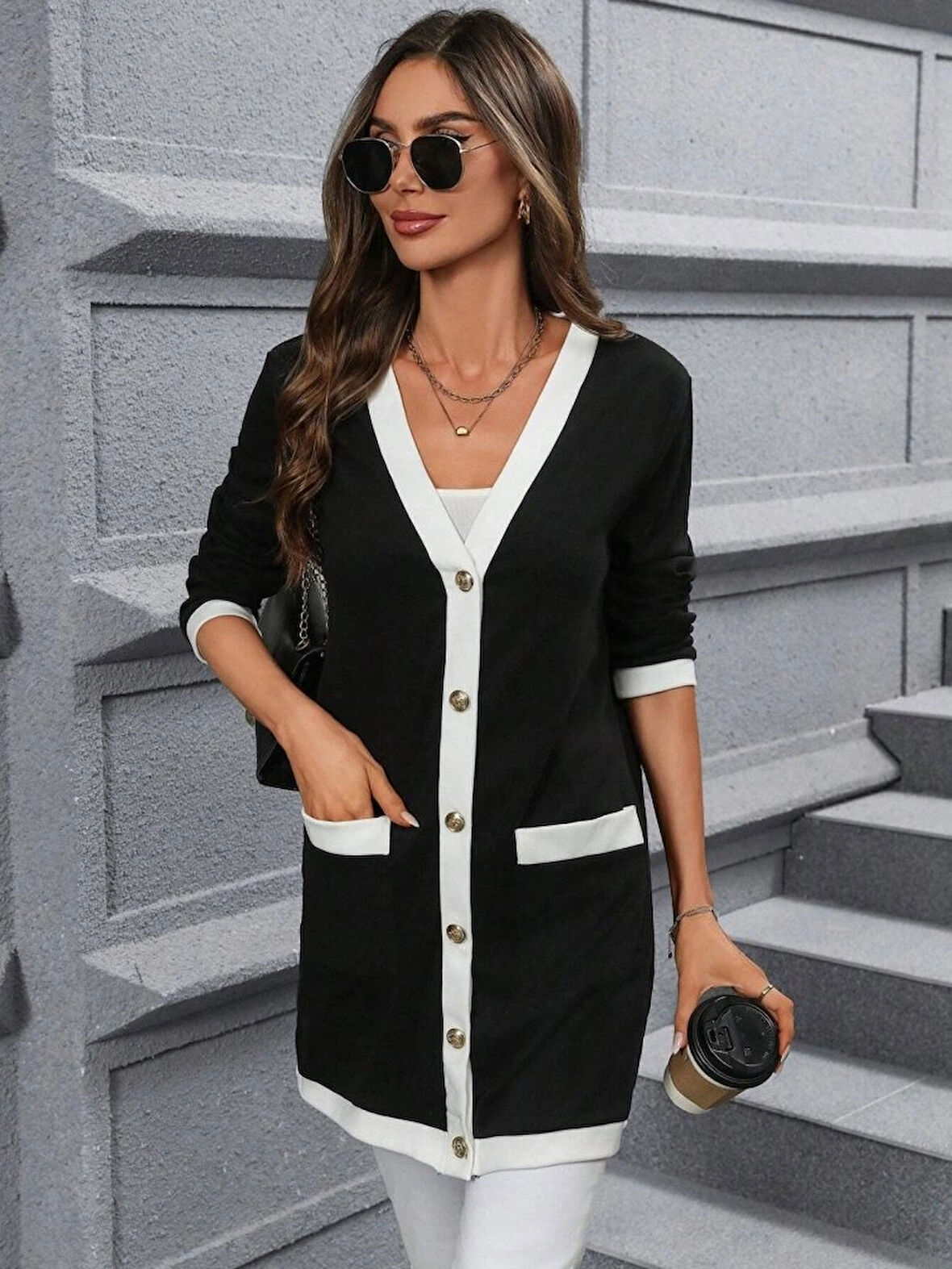 Kadın Uzun Kollu Cepli önden Düğmeli Uzun Modal Ceket Hırka