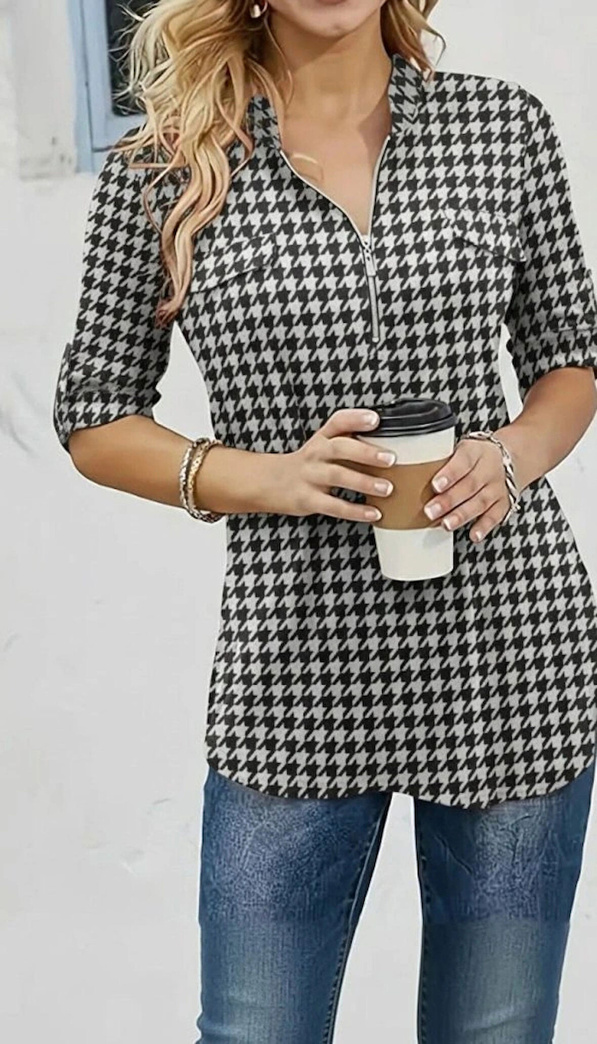 Kadın Uzun Kollu Hakim Yaka Yakadan Fermuarlı Geometrik Desenli Süprem Bluz