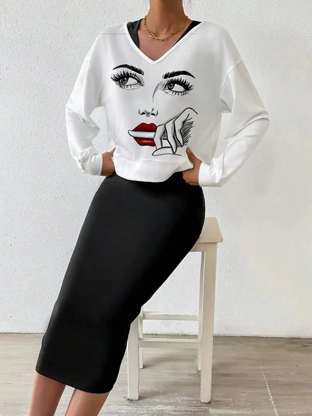 Kadın Askılı Yuvarlak Yaka Viskon Iki Iplik Elbise Ve V Yakalı Bluz Ikili Takım