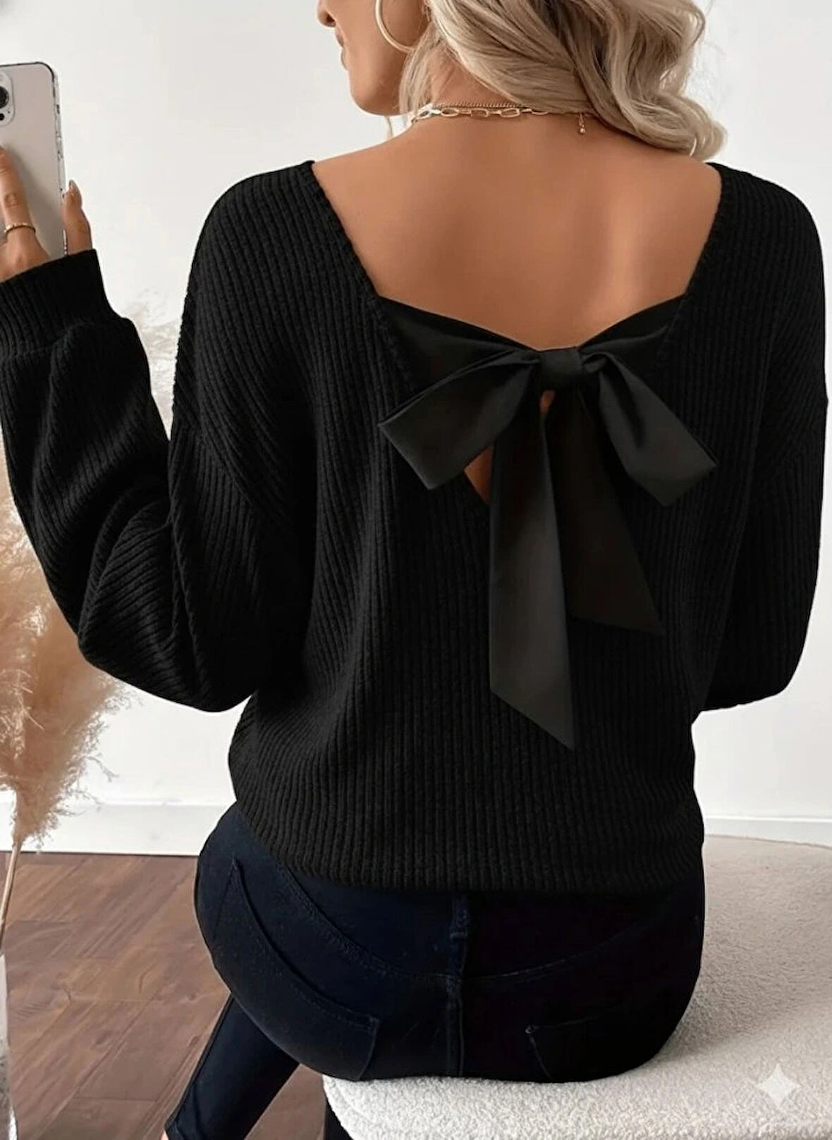 Kadın Uzun Kollu V Yakalı Arkadan Kurdela Detaylı şardonlu Kaşkorse Bluz