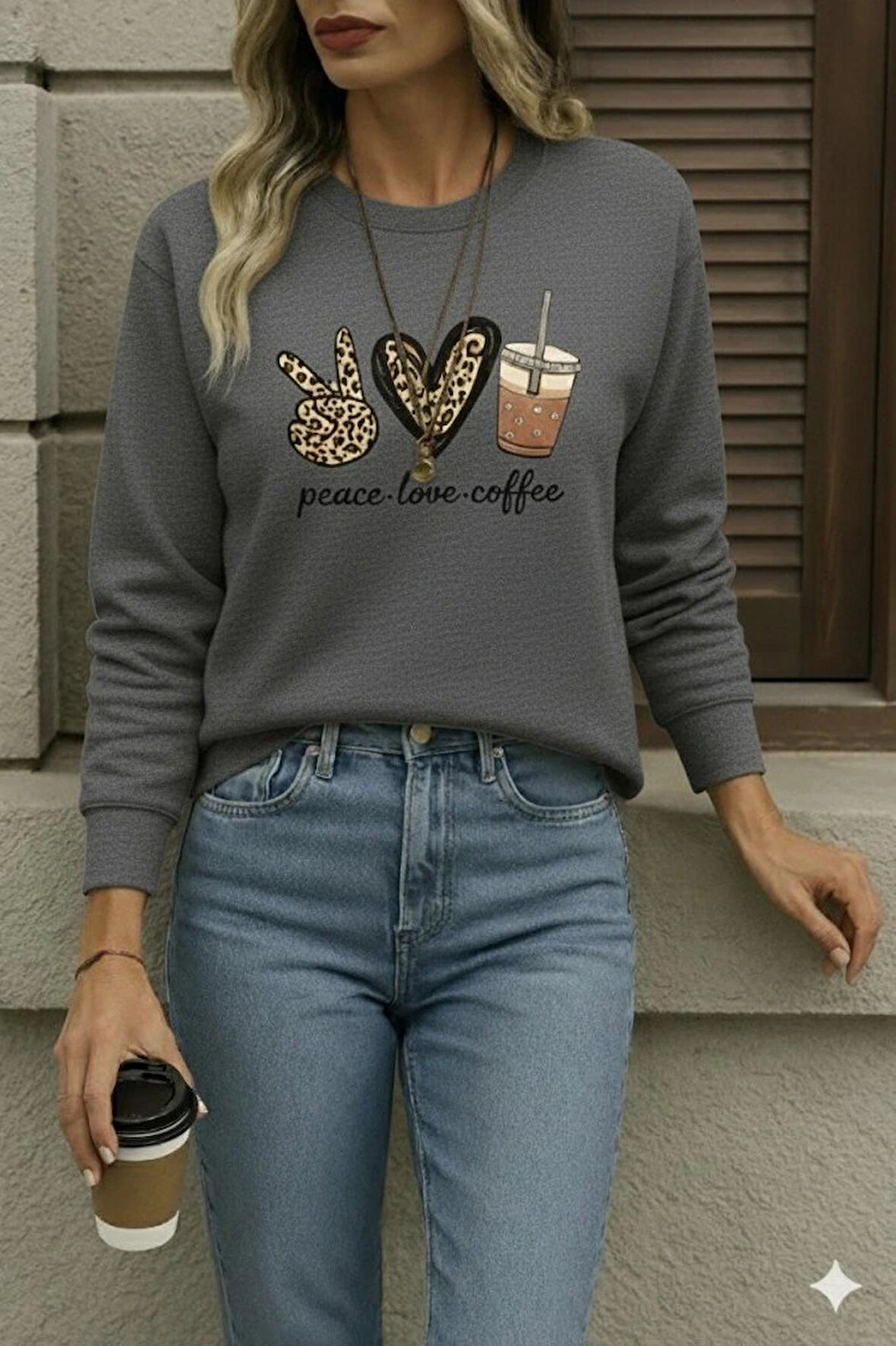 Kadın Uzun Kollu Bisiklet Yaka Kalp Desenli Viskon Iki Iplik Bluz