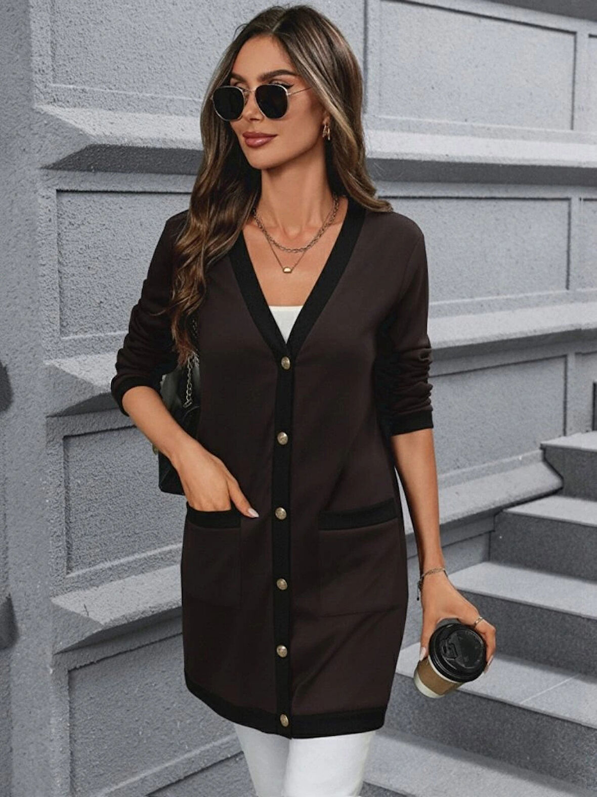 Kadın Uzun Kollu Cepli önden Düğmeli Uzun Modal Ceket Hırka