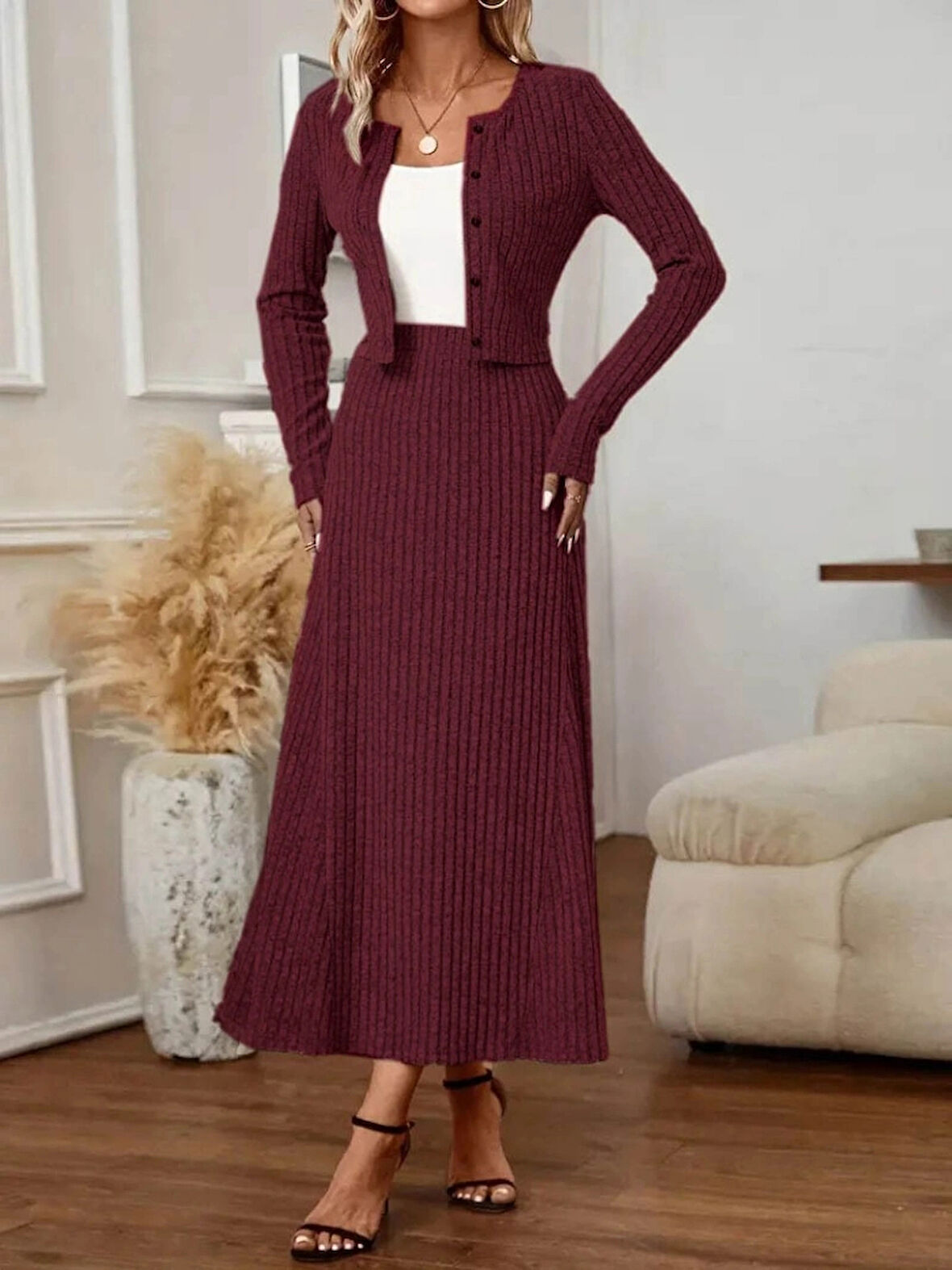 Kadın Uzun Kollu önden Düğmeli Bluz Ve Yüksek Bel A Kesim Uzun Etek şardonlu Kaşkorse Ikili Takım