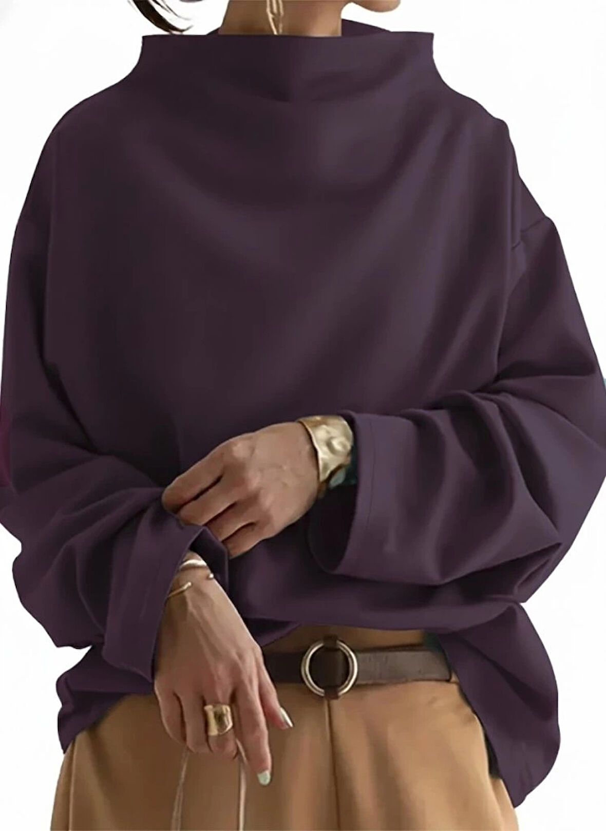 Kadın Uzun Kollu Geniş Balıkçı Yaka Modal Mürdüm Bluz