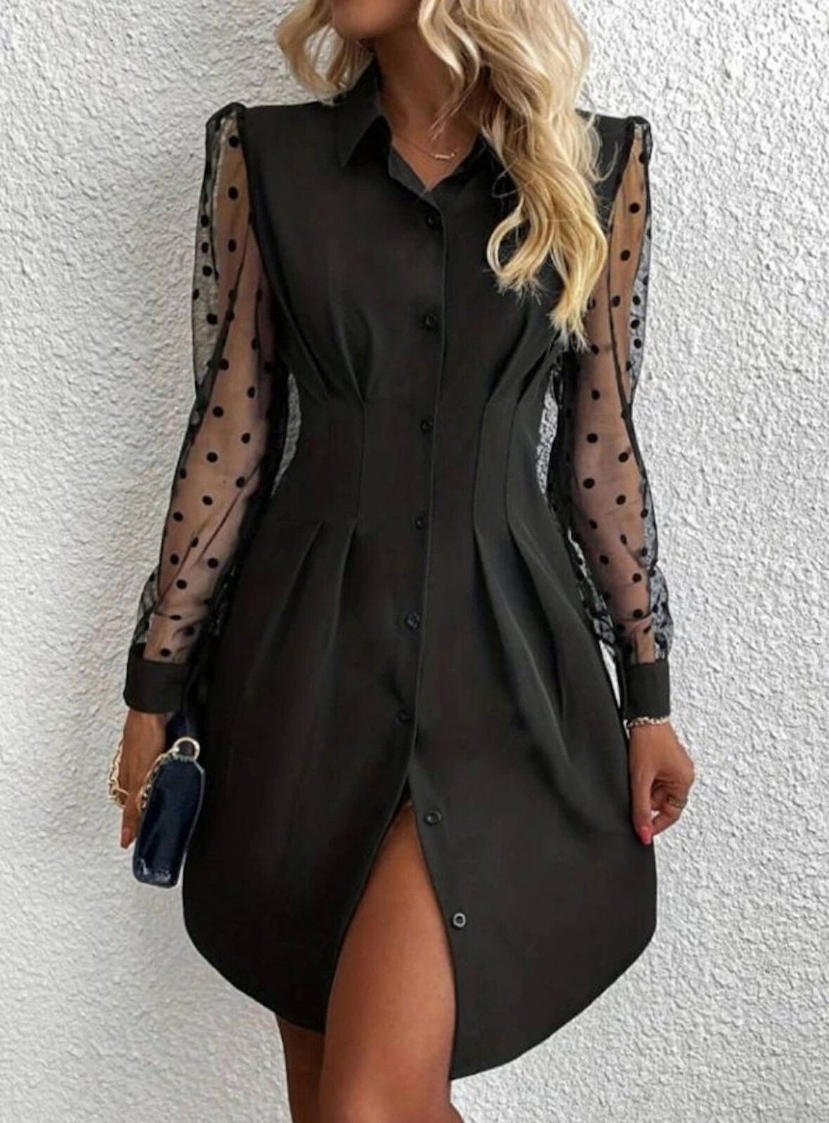 Kadın Uzun Kollu Yakalı Düğmeli Mini Ithal Krep Elbise