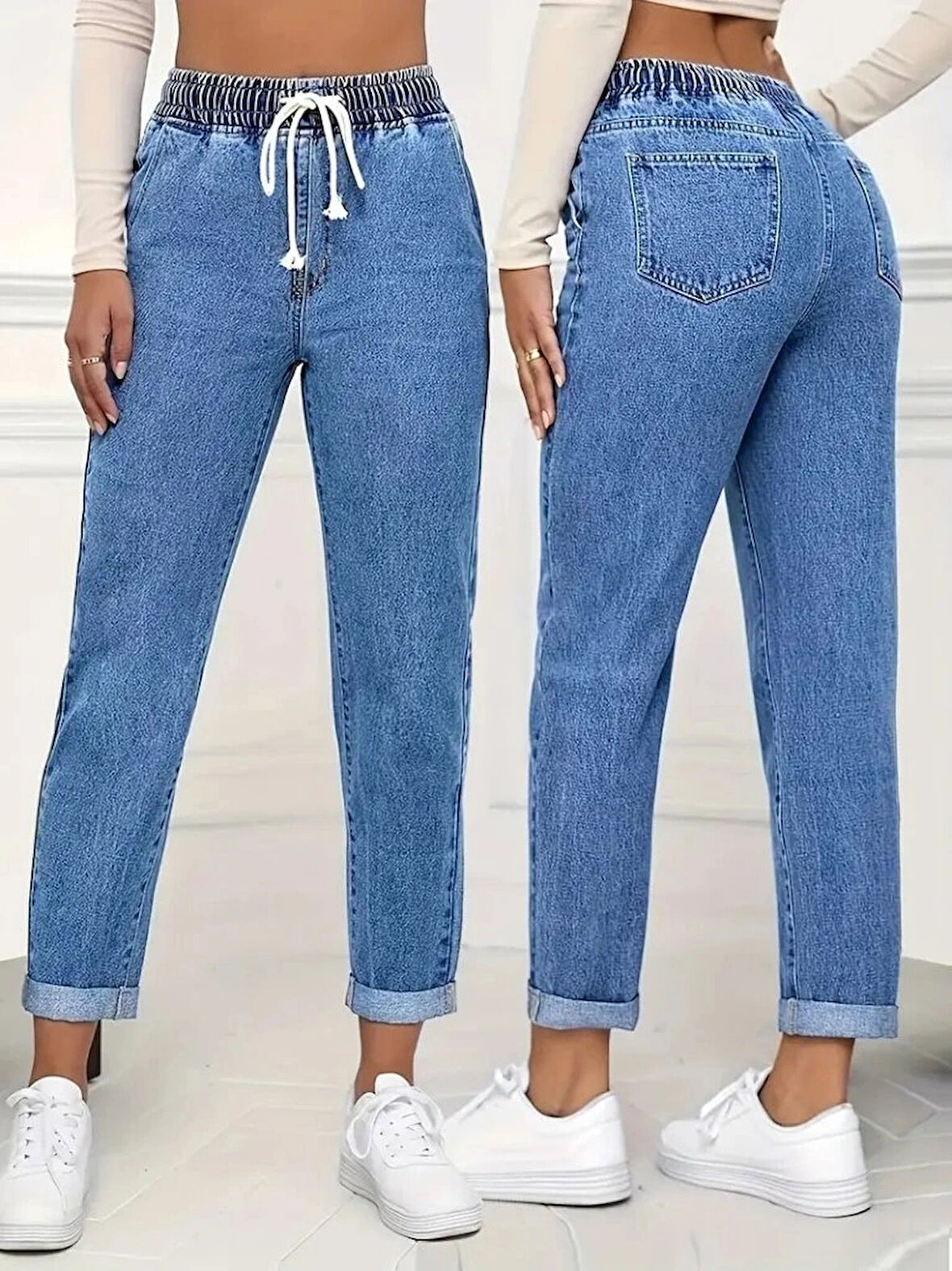 Kadın Yüksek Bel Bağcıklı Kot Pantolon