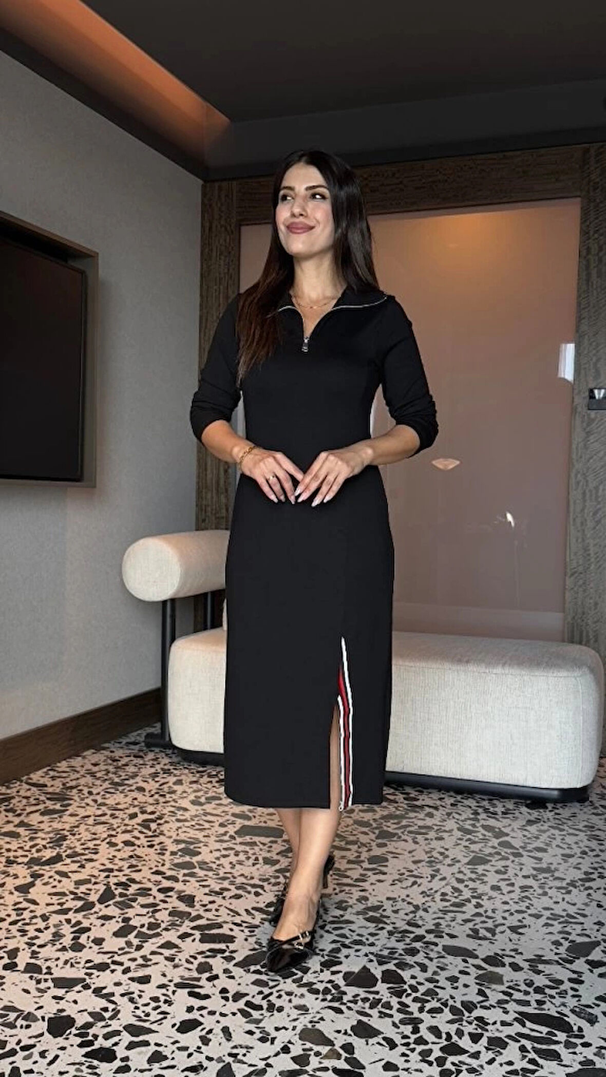 Kadın Uzun Kollu Balıkçı Yaka önden Fermuarlı Yırtmaçlı Midi Viskon Iki Iplik Elbise