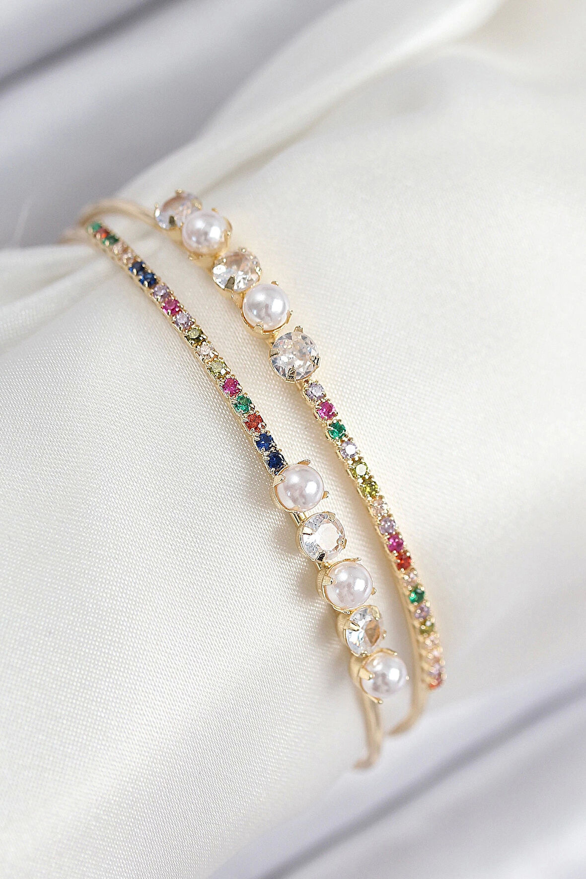 Pirinç Zirkon Taşlı İnci Model Gold Renk Kadın Bileklik