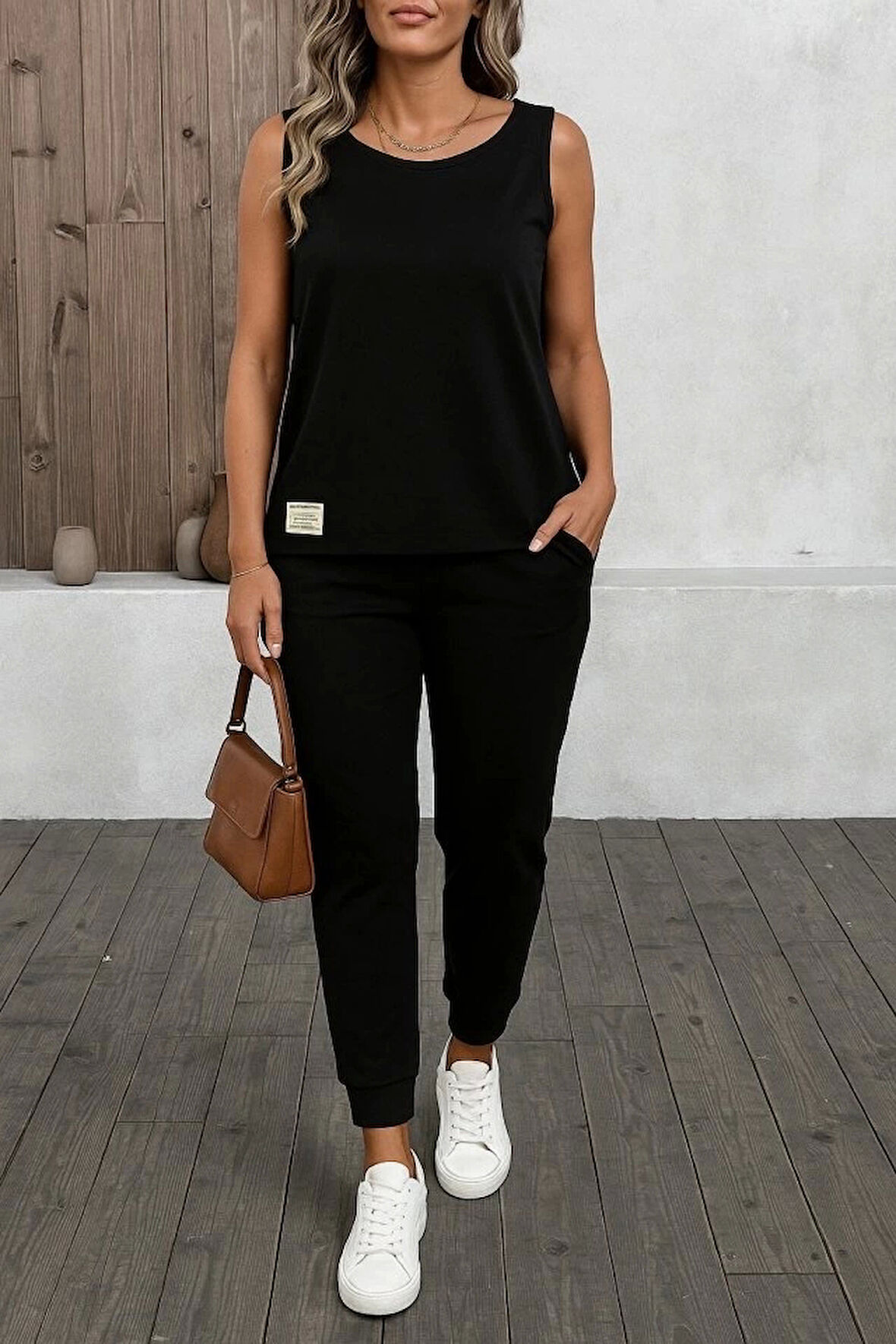 Kadın Askılı Yuvarlak Yaka Viskon Iki Iplik Bluz Ve Eşofman Altı Ikili Takım