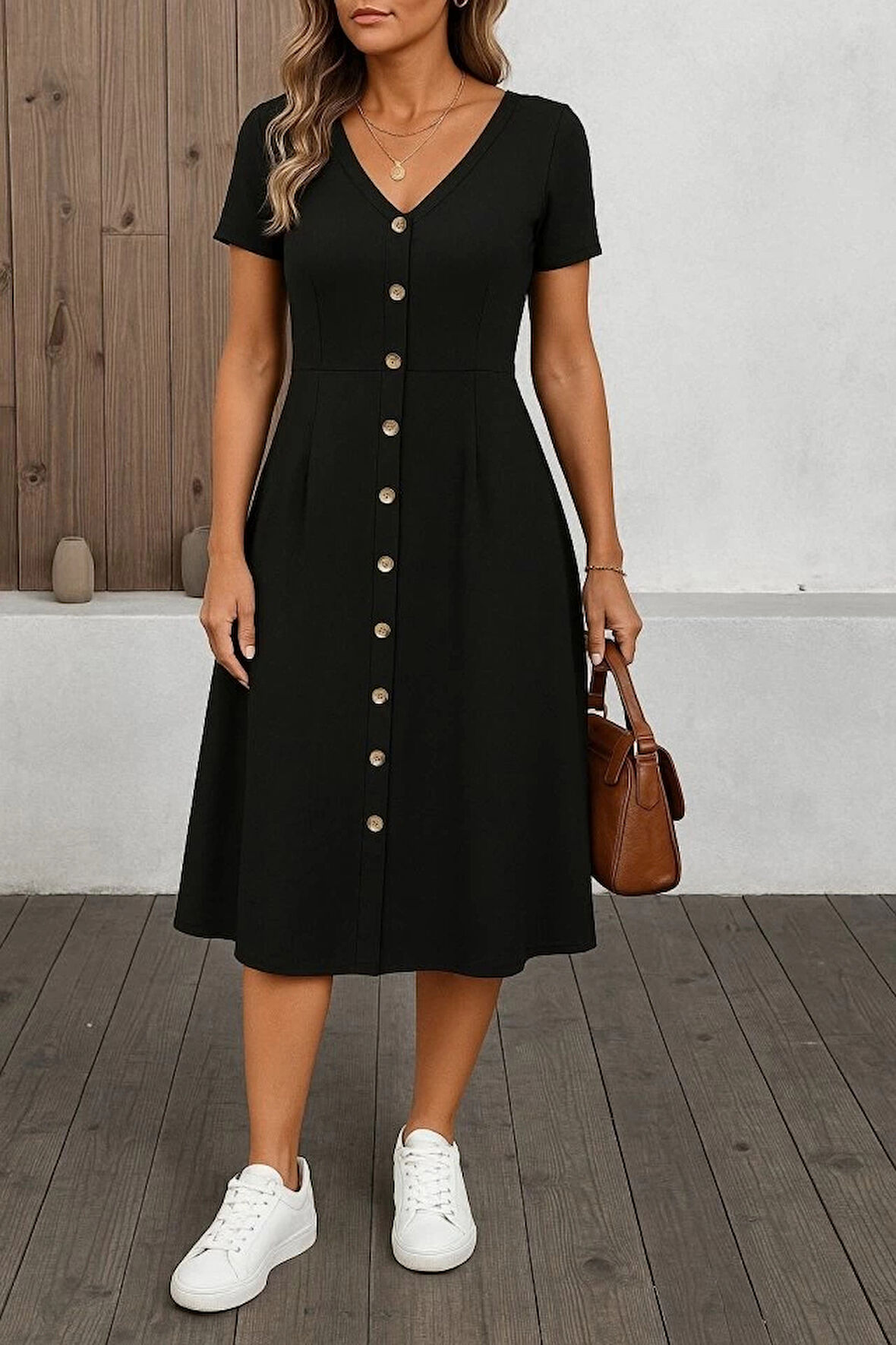 Kadın Kısa Kollu V Yakalı önden Düğmeli A Kesim Dokuma Elbise