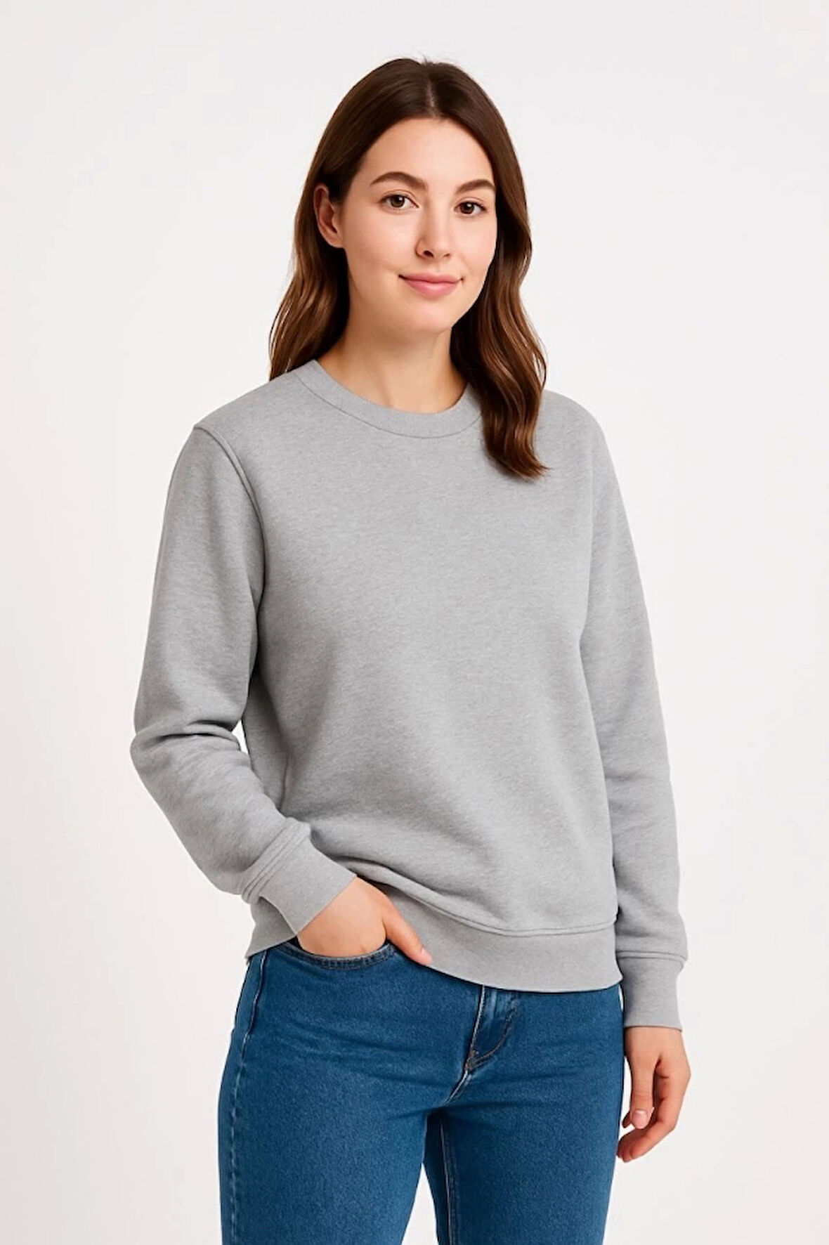 Üç İplik Düz Bisiklet Yaka SweatShirt - Gri