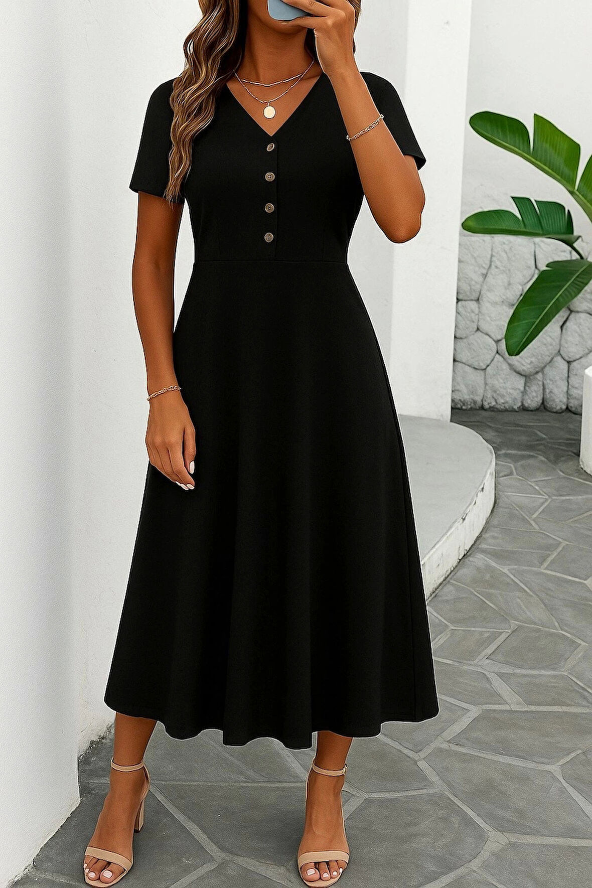 Kadın Kısa Kollu V Yakalı önden Düğmeli Yırtmaçlı Midi Viskon Elbise