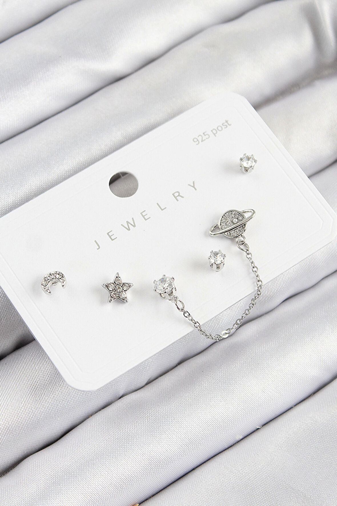 Pirinç Zirkon Taşlı Yıldız Ve Gezegen Model Gümüş Renk 925 Ayar Gümüş Çivi Kadın Küpe Set
