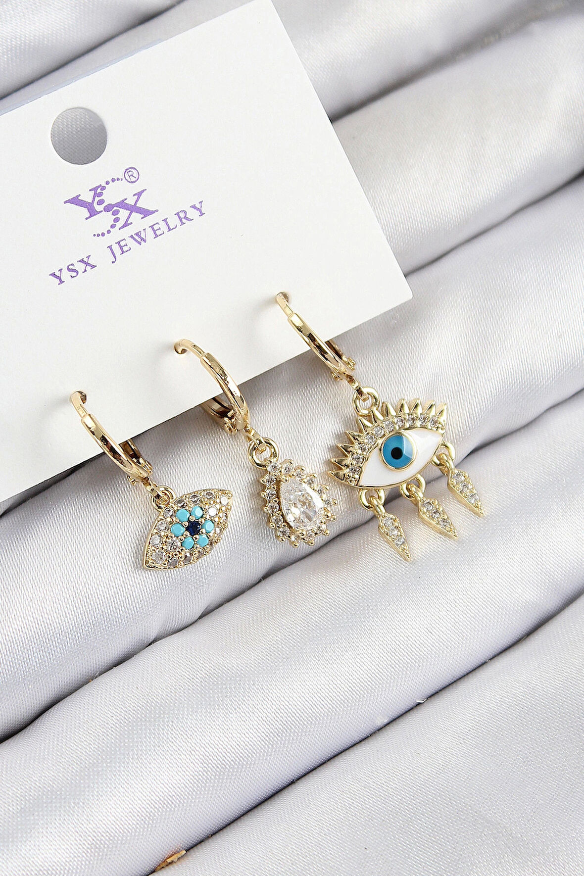 Pirinç Zirkon Taşlı 3'lü Fatma'nın Gözü Model Gold Renk Kadın Küpe