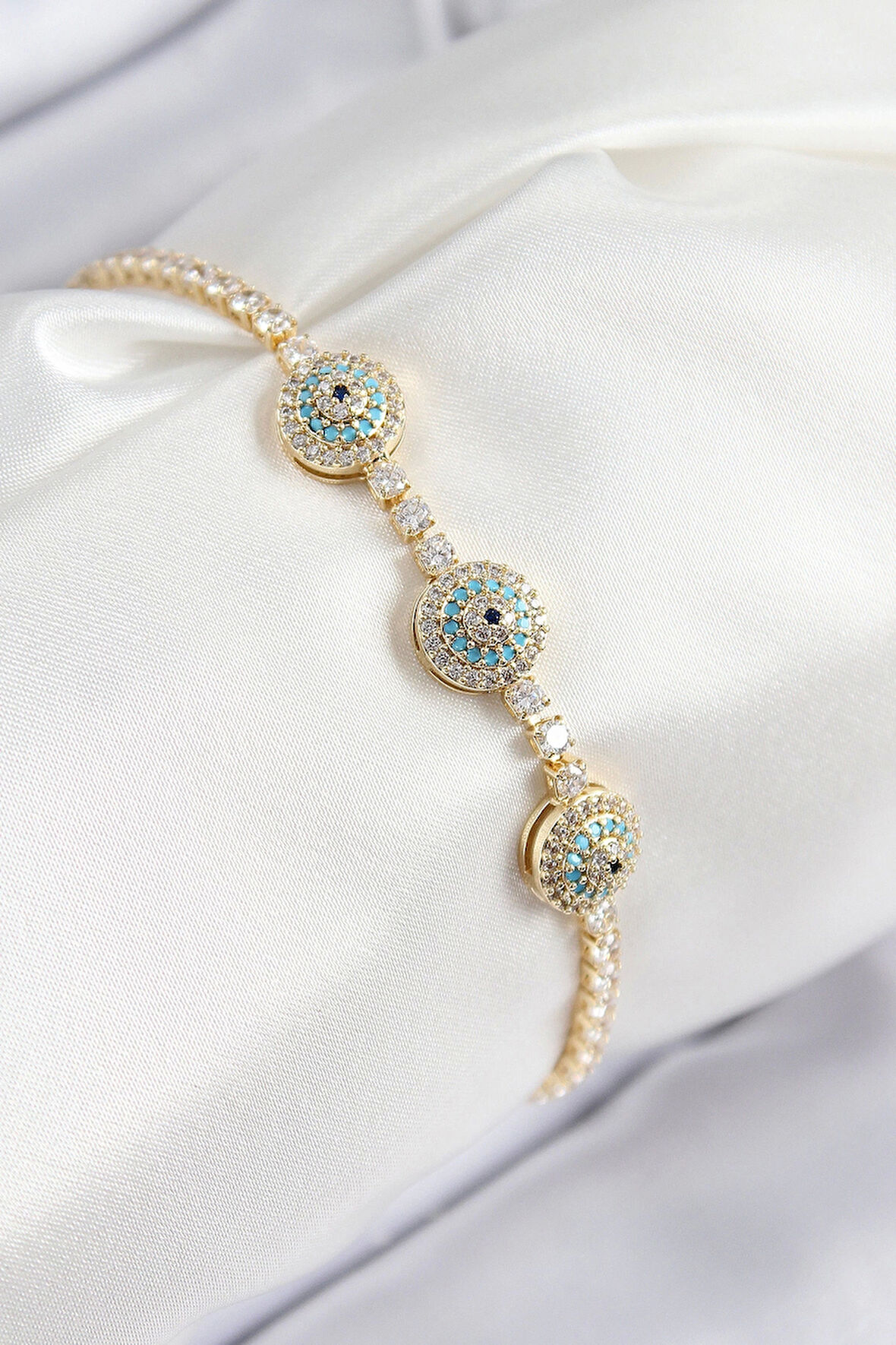 Pirinç Zirkon Taşlı Nazar Model Gold Renk Kadın Bileklik