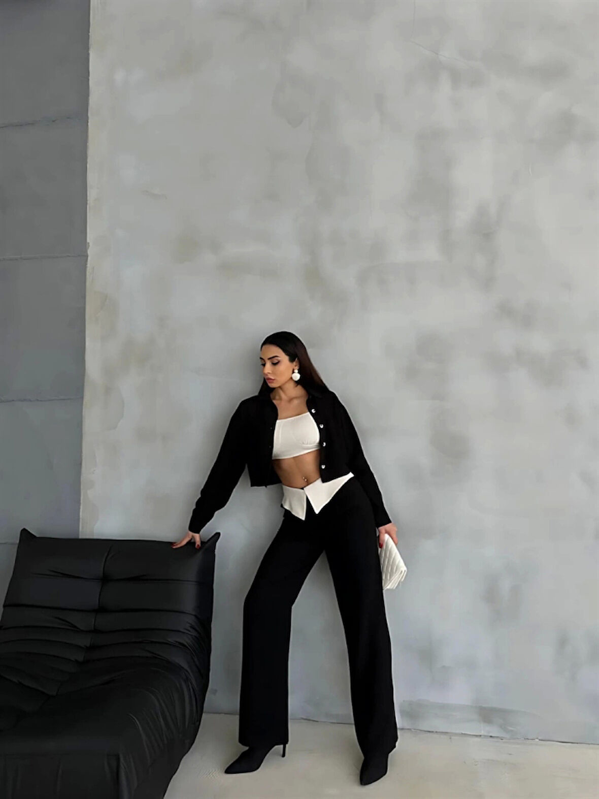 KETEN GÖMLEK-CROP-SALAŞ PANTOLON TAKIM - Siyah