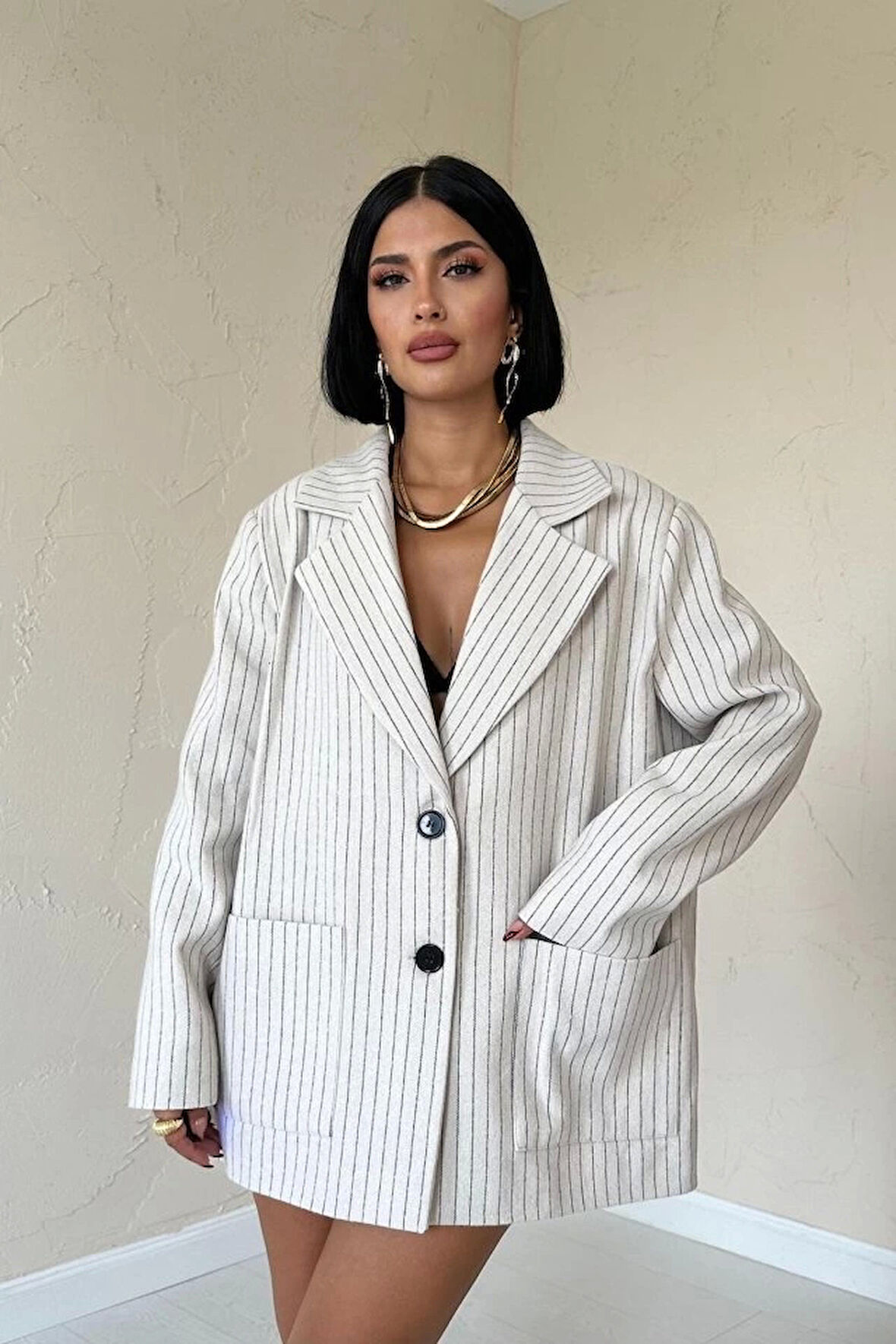 Bej Çizgili Oversize Ceket