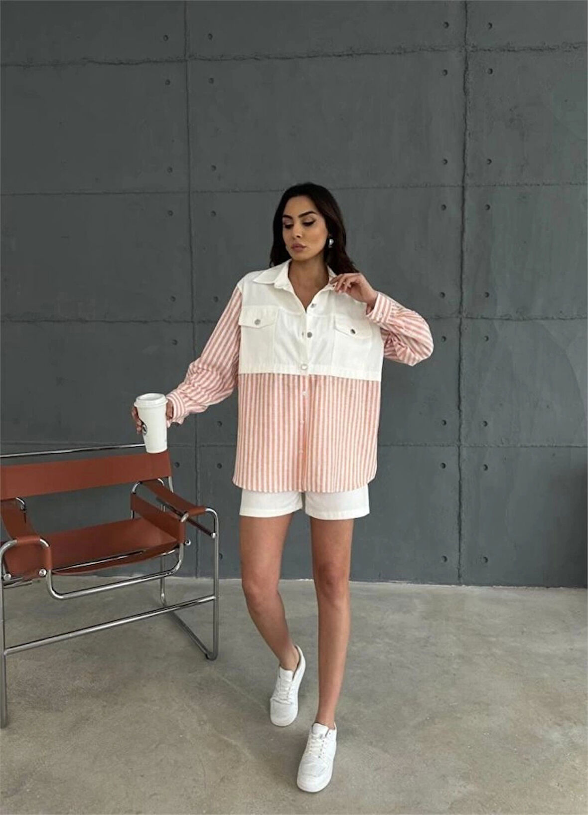 GABARDİN ŞORT - GABARDİN - ÇİZGİLİ KETEN GARNİLİ CEKET TAKIM - Orange