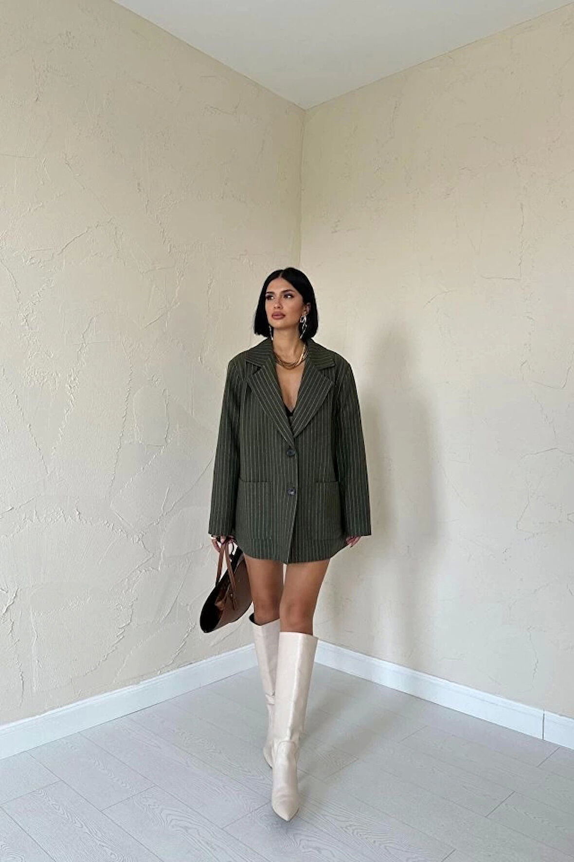 Haki Çizgili Oversize Ceket