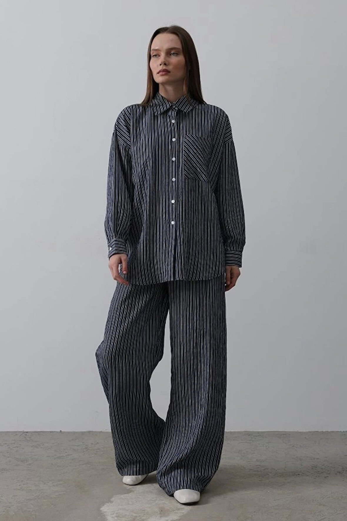 Çizgili Cep Detaylı Oversize Takım - Lacivert