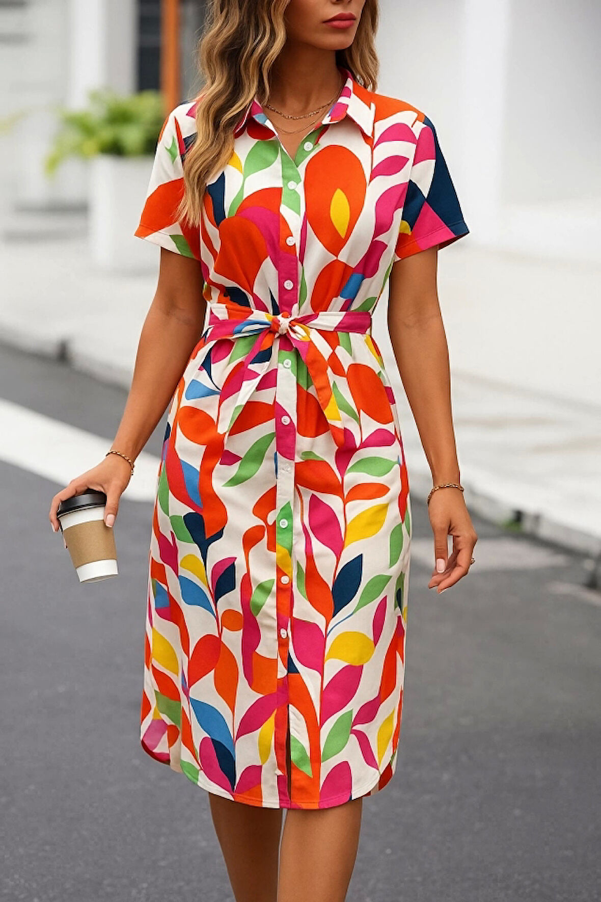 Kadın Kısa Kollu Yakalı önü Düğmeli önden Drapeli Desenli Süprem Elbise