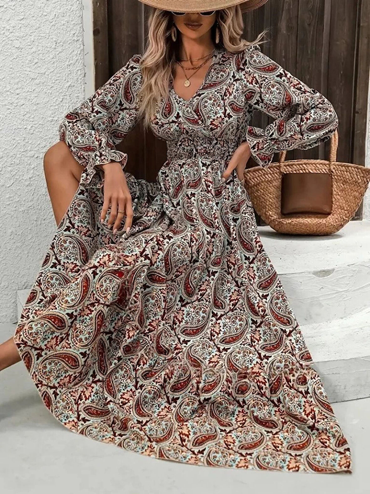 Kadın Uzun Kollu V Yakalı Beli Lastikli Desenli Süprem Elbise