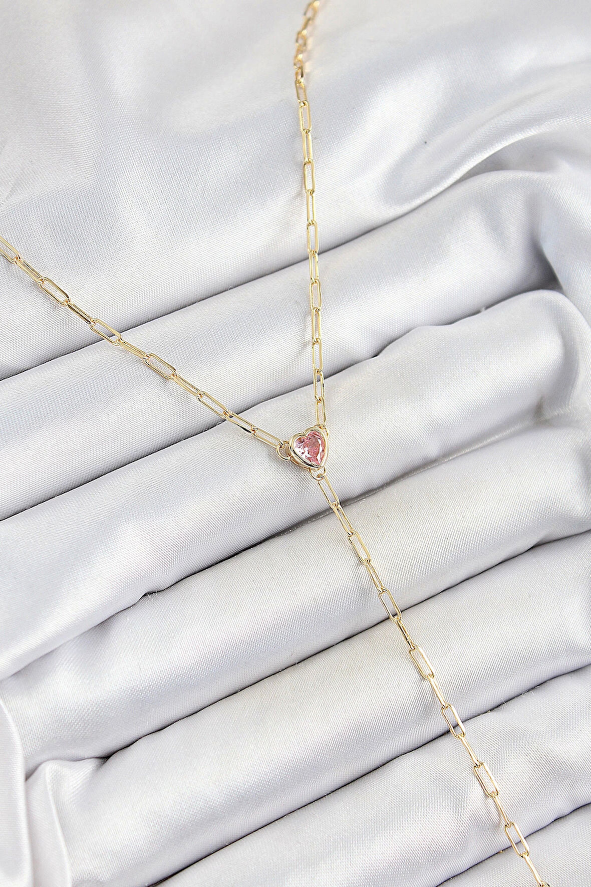 Pirinç Zirkon Taşlı Pembe Kalp Figürlü Y Model Gold Renk Kadın Kolye