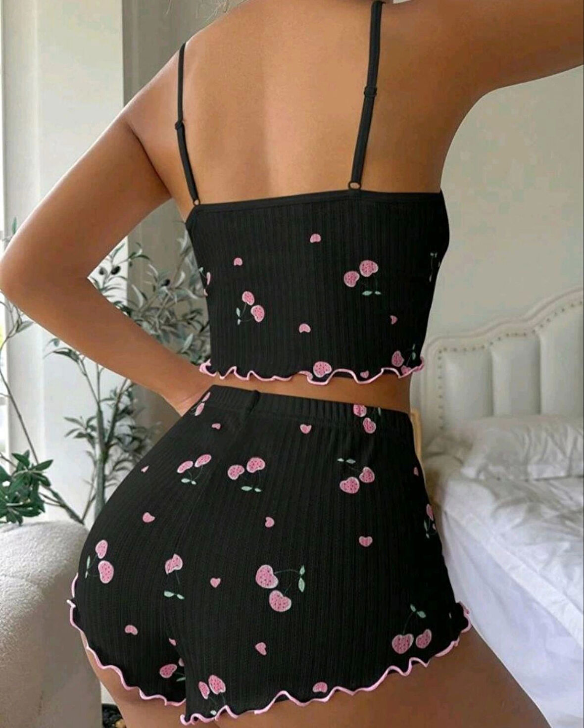 Kadın Siyah Kiraz Desenli Seksi Gecelik Takım 9003