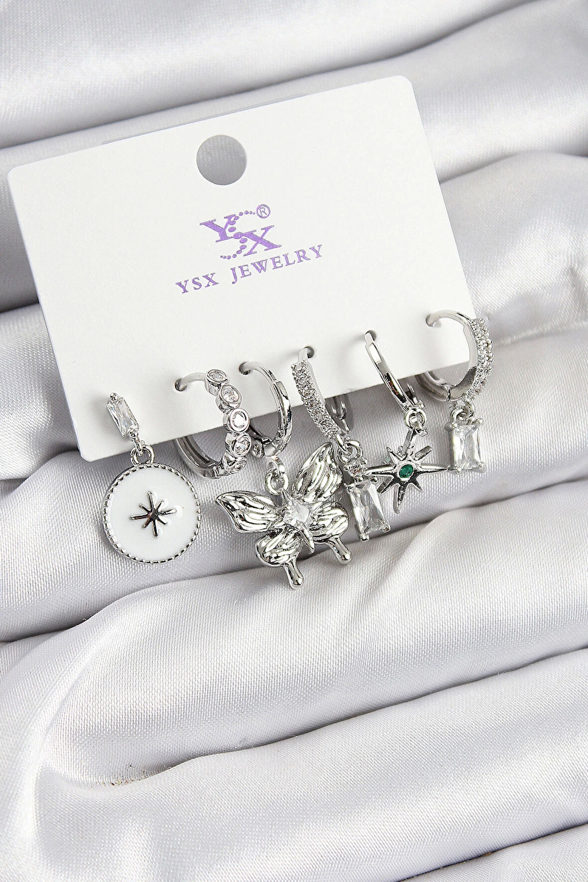 Pirinç Zİrkon Taşlı Kelebek ve Yıldız Model Gümüş Renk 3'lü Çift Kadın Küpe