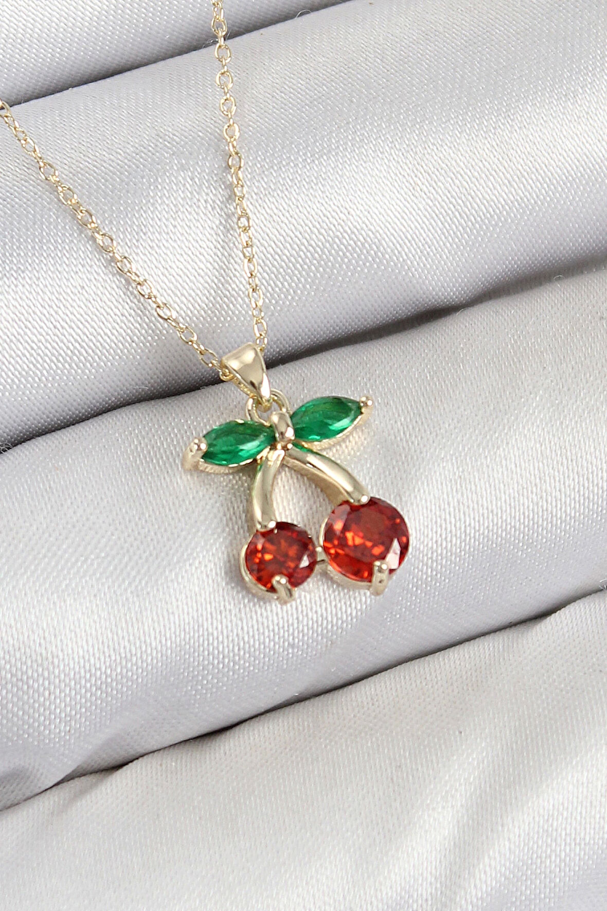 Pirinç Zirkon Taşlı Kiraz Model Gold Renk Kadın Kolye