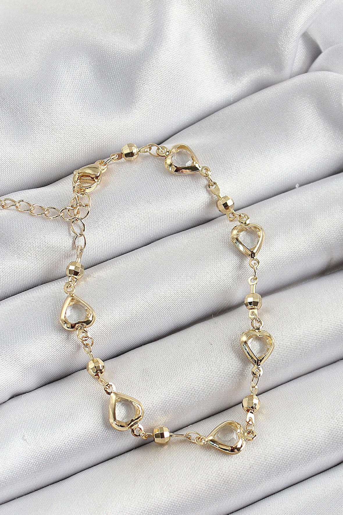 Pirinç Şeffaf Kalp Model Gold Renk Zirkon Taşlı Kadın Bileklik