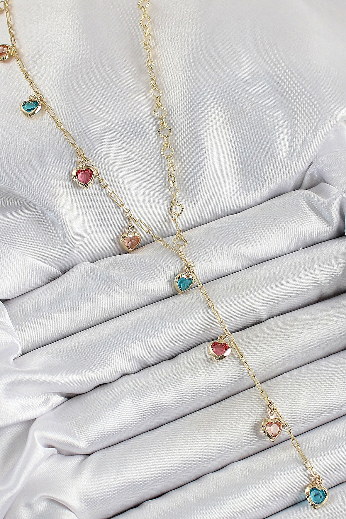 Pirinç Asorti Kalp Model Gold Renk Zirkon Taşlı Y Kolye