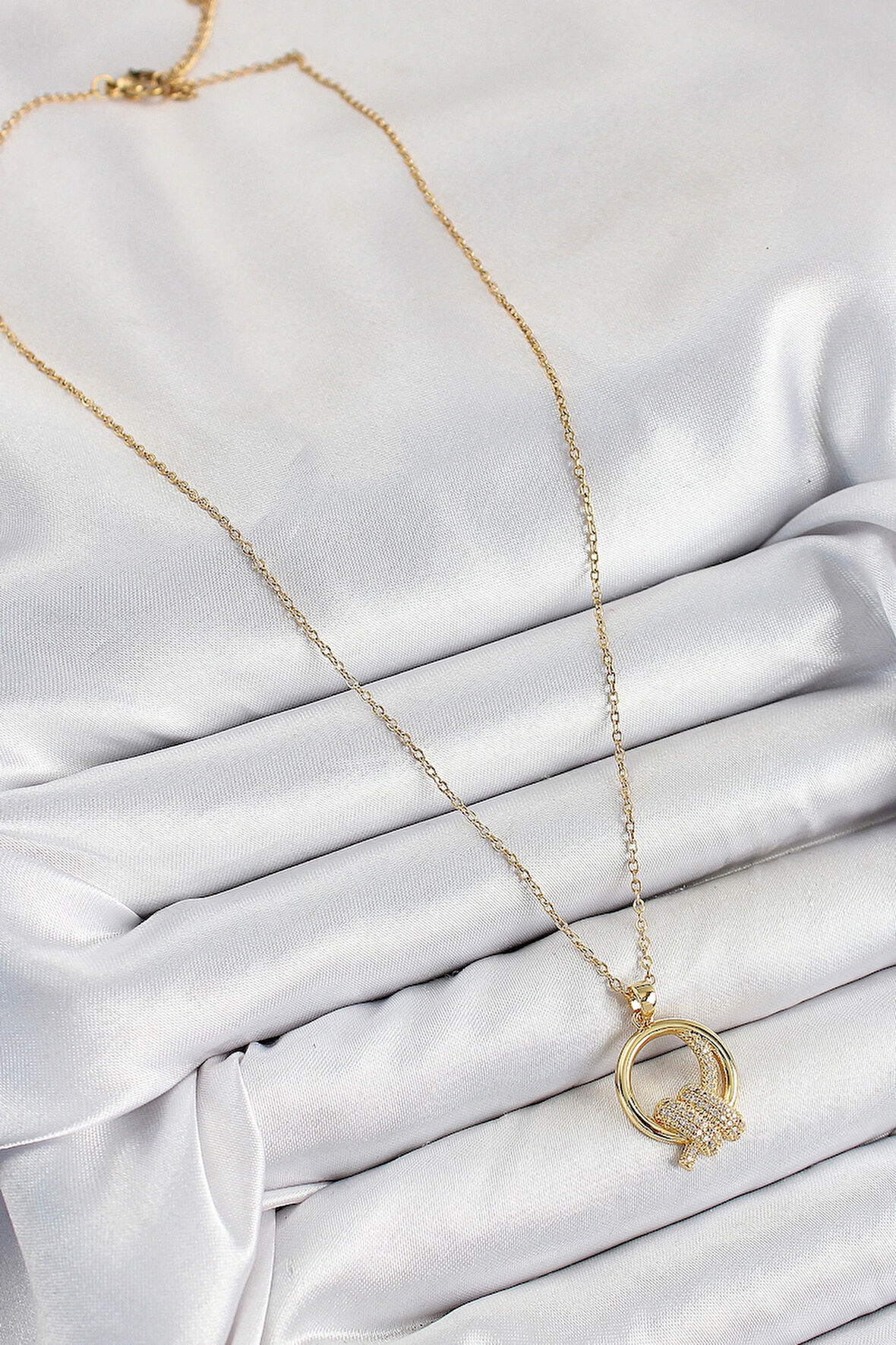 316L Çelik Zirkon Taşlı Düğüm Model Gold Renk Kadın Kolye