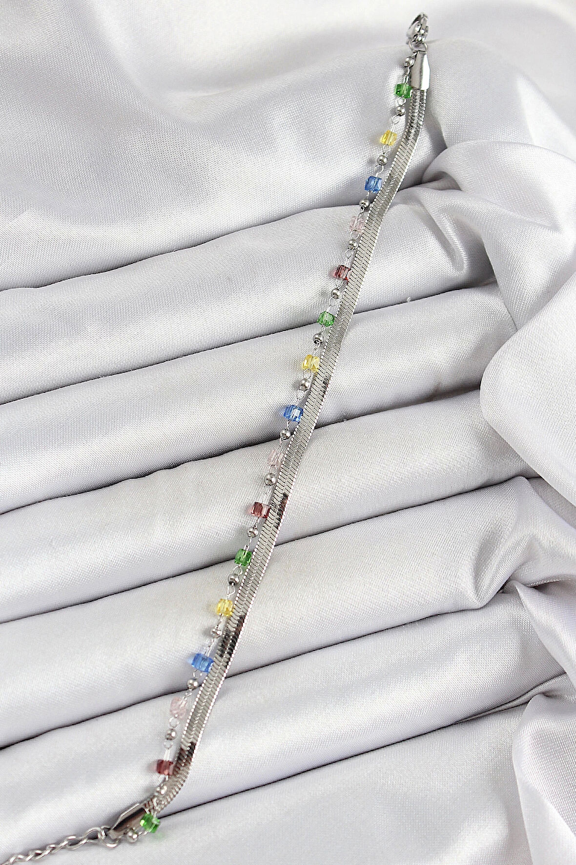 316L Çelik Gümüş Renk Karışık Renkli Kristal Taşlı Kadın Bileklik