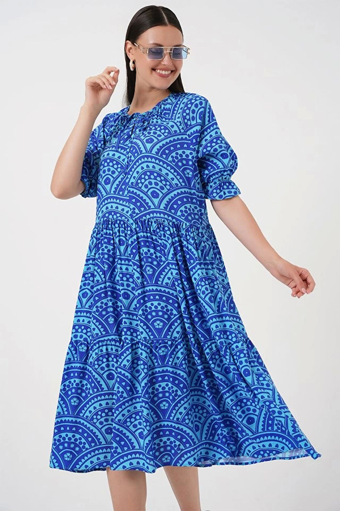 Kısa Kol Desenli Elbise 2553 - Saks